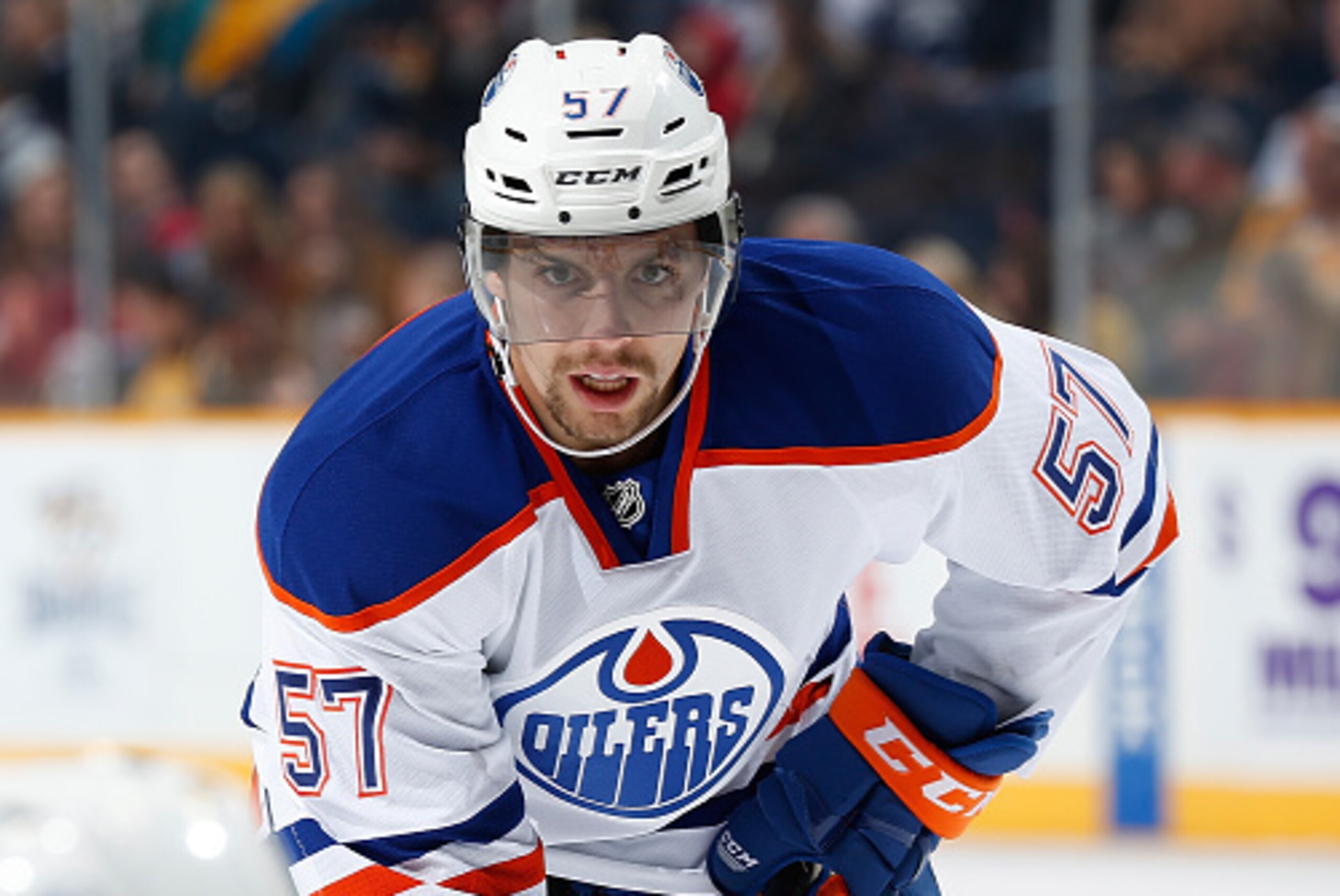 NASHVILLE, TN - NOVEMBER 27: David Perron #57 of the Edmonton Oilers skates against the Nashville Predators at Bridgestone Arena on November 27, 2014 in Nashville, Tennessee. (Photo by John Russell/NHLI via Getty Images)