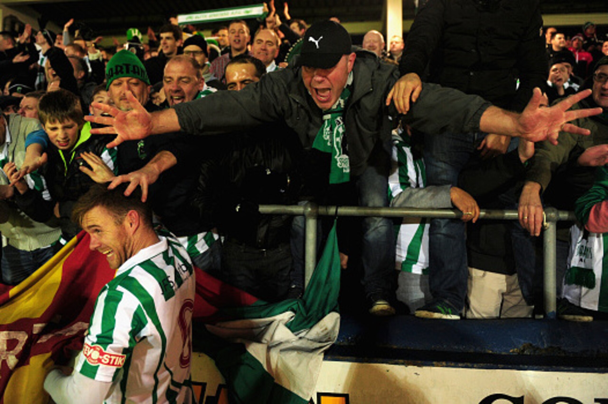 HARTLEPOOL, ENGLAND - DECEMBER 05: Blyth Spartans goalscorer Stephen Turnbull celebrates with fans after the FA Cup Second round match between Hartlepool United and Blyth Spartans at Victoria Park on December 5, 2014 in Hartlepool, England. (Photo by St HARTLEPOOL, ENGLAND - DECEMBER 05: Blyth Spartans goalscorer Stephen Turnbull celebrates with fans after the FA Cup Second round match between Hartlepool United and Blyth Spartans at Victoria Park on December 5, 2014 in Hartlepool, England. (Photo by St