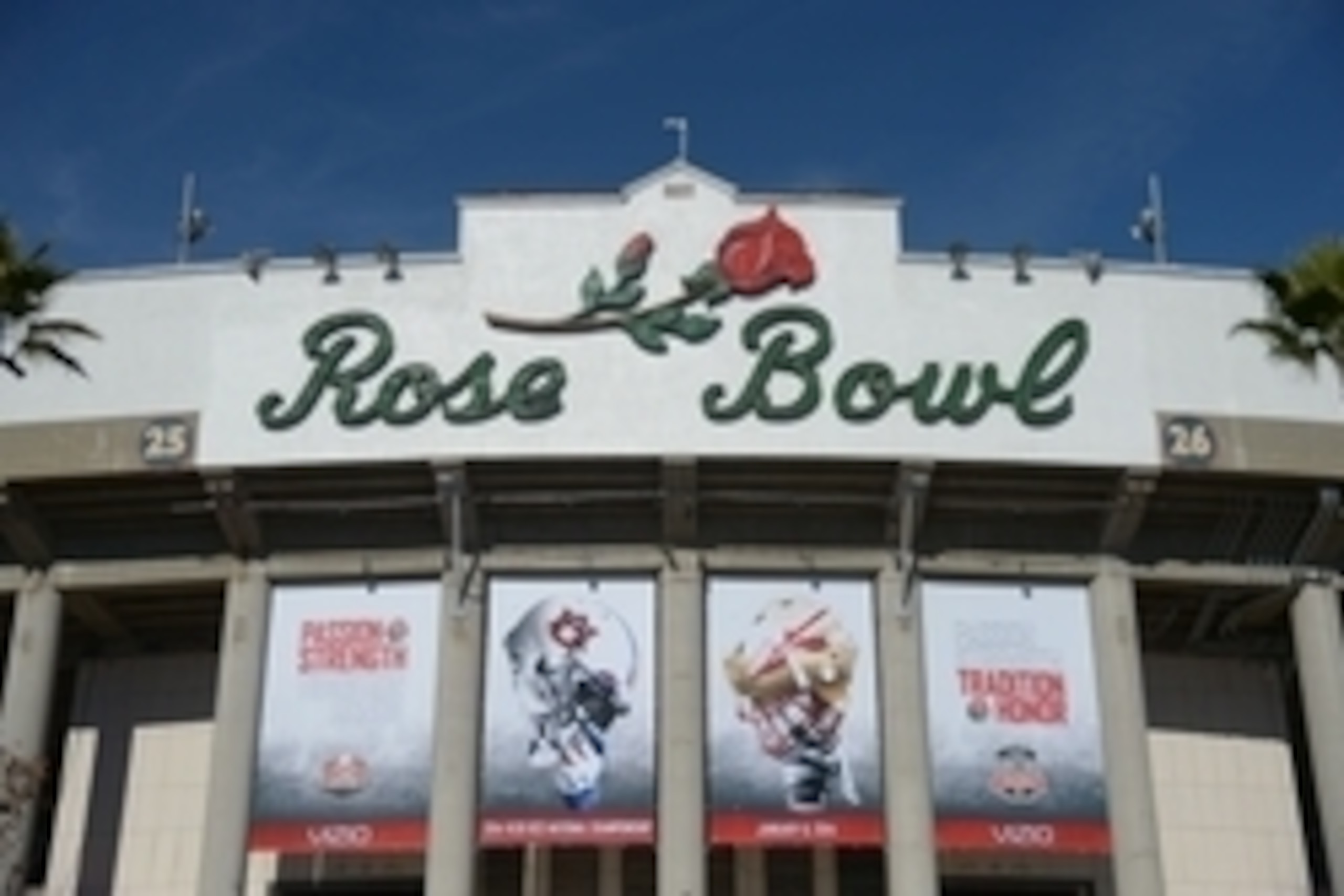 Jan 6, 2014; Pasadena, CA, USA; An exterior view of the Rose Bowl stadium prior to the game between the Florida State Seminoles and the Auburn Tigers in the 2014 BCS National Championship game at the Rose Bowl.  Mandatory Credit: Kirby Lee-USA TODAY Sport