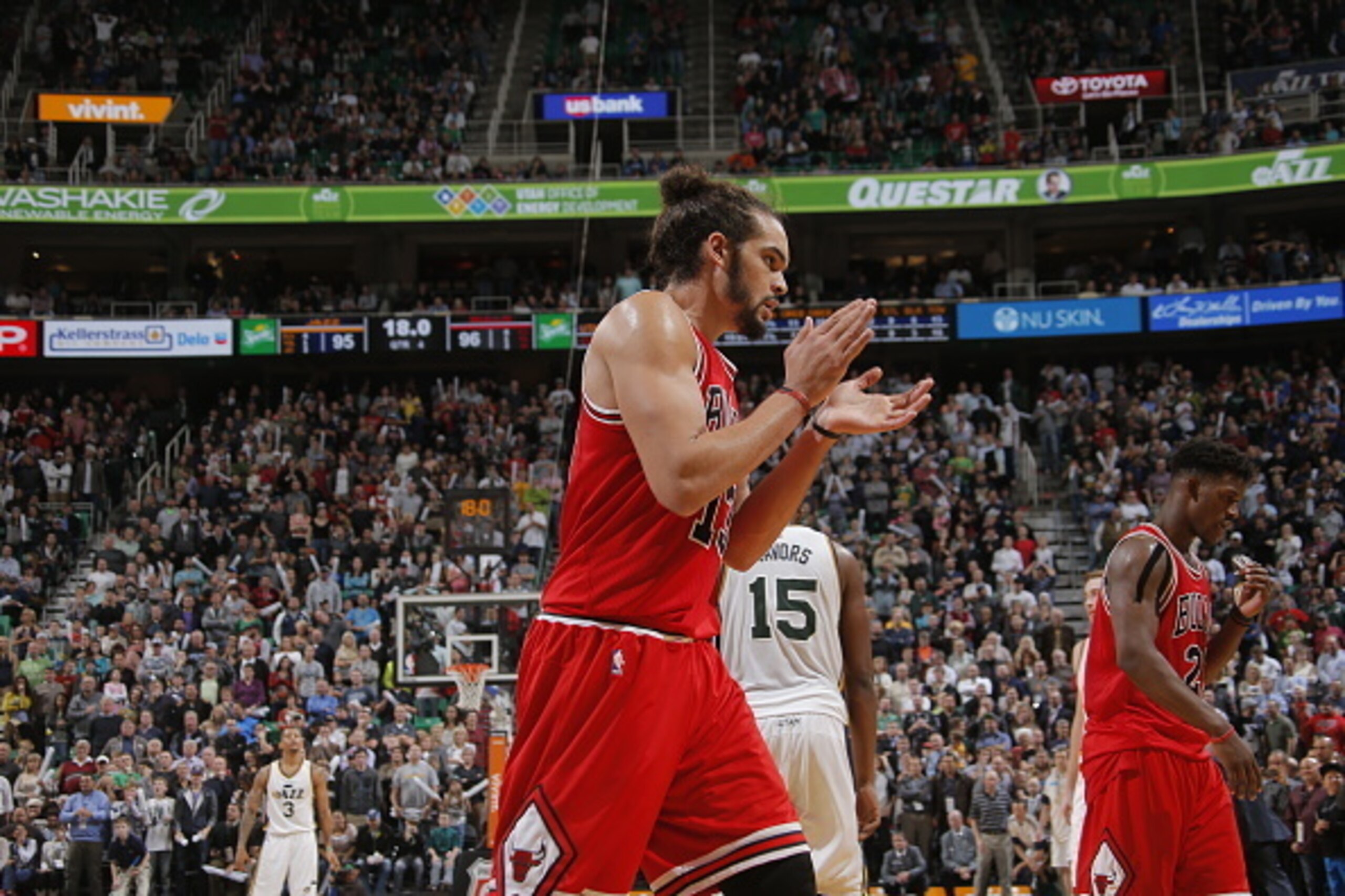 SALT LAKE CITY, UT - NOVEMBER 24: Joakim Noah #13 of the Chicago Bulls celebrates during a game against the Utah Jazz at EnergySolutions Arena on November 24, 2014 in Salt Lake City, Utah. NOTE TO USER: User expressly acknowledges and agrees that, by down