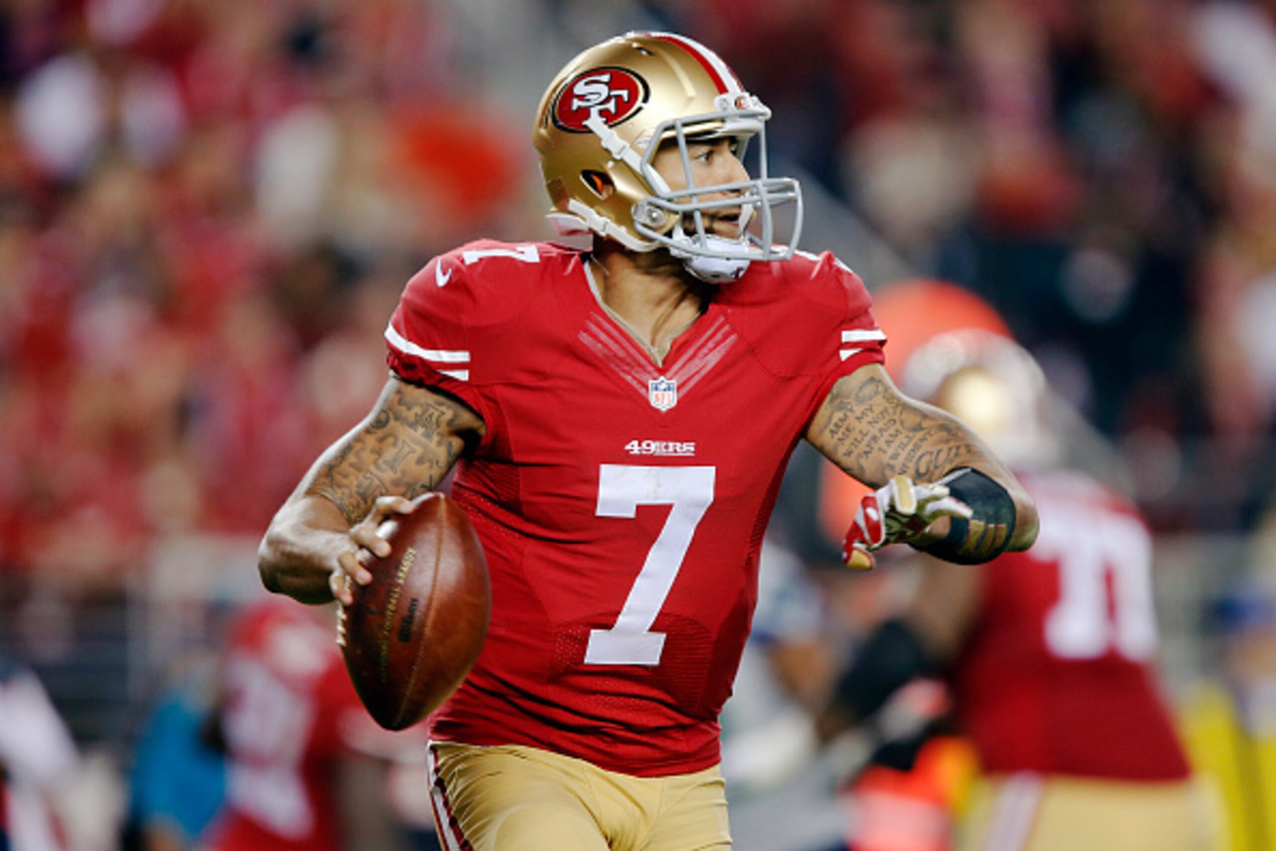 SANTA CLARA, CA - NOVEMBER 27: Quarterback Colin Kaepernick #7 of the San Francisco 49ers looks to throw against the Seattle Seahawks in the third quarter on November 27, 2014 at Levi's Stadium in Santa Clara, California. The Seahawks won 19-3. (Photo b SANTA CLARA, CA - NOVEMBER 27: Quarterback Colin Kaepernick #7 of the San Francisco 49ers looks to throw against the Seattle Seahawks in the third quarter on November 27, 2014 at Levi's Stadium in Santa Clara, California. The Seahawks won 19-3. (Photo b