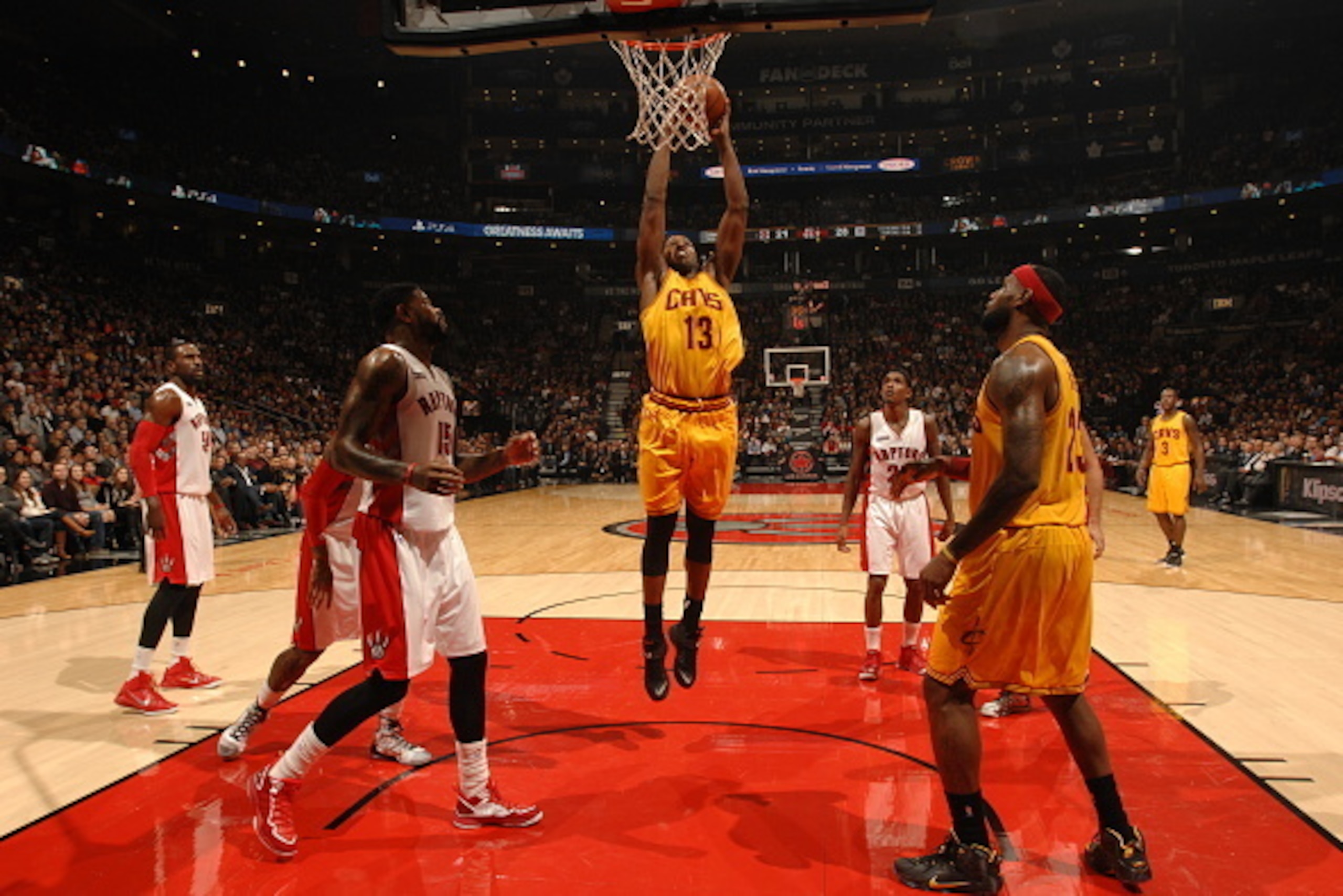 TORONTO, CANADA - DECEMBER 5:  Tristan Thompson #13 of the Cleveland Cavaliers shoots the ball against the Toronto Raptors during the game on December 5, 2014 at the Air Canada Centre in Toronto, Ontario, Canada.  NOTE TO USER: User expressly acknowledges