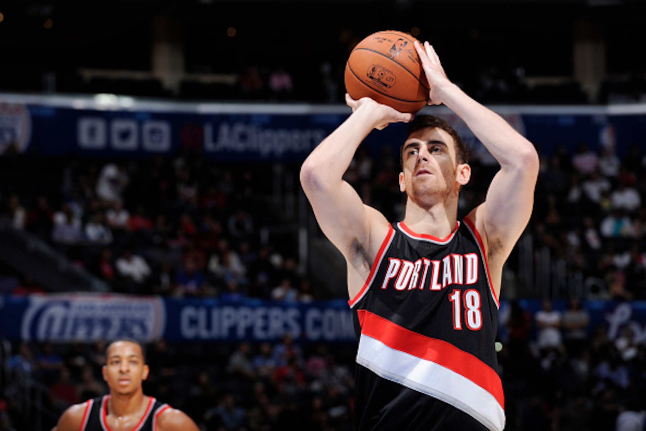 LOS ANGELES, CA - OCTOBER 24: Victor Claver #18 of the Portland Trail Blazers shoots against the Los Angeles Clippers during the game on October 24, 2014 at the Staples Center in Los Angeles, California. NOTE TO USER: User expressly acknowledges and agree