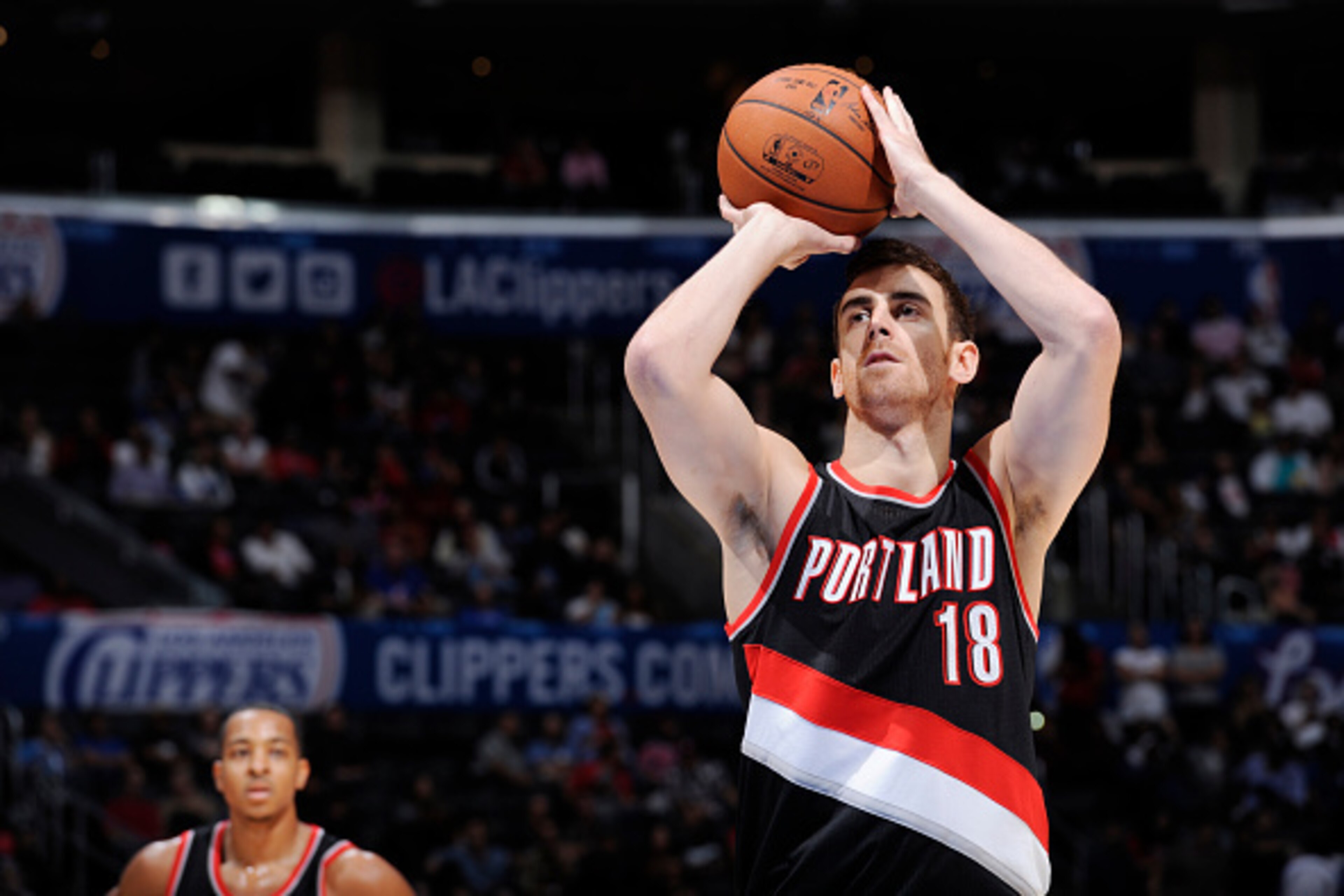 LOS ANGELES, CA - OCTOBER 24: Victor Claver #18 of the Portland Trail Blazers shoots against the Los Angeles Clippers during the game on October 24, 2014 at the Staples Center in Los Angeles, California. NOTE TO USER: User expressly acknowledges and agree LOS ANGELES, CA - OCTOBER 24: Victor Claver #18 of the Portland Trail Blazers shoots against the Los Angeles Clippers during the game on October 24, 2014 at the Staples Center in Los Angeles, California. NOTE TO USER: User expressly acknowledges and agree