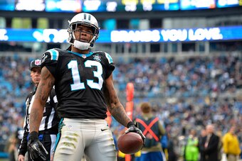 CHARLOTTE, NC - NOVEMBER 16:  Kelvin Benjamin #13 of the Carolina Panthers celebrates his 4th quarter touchdown reception against the Atlanta Falcons during their game at Bank of America Stadium on November 16, 2014 in Charlotte, North Carolina.  (Photo b
