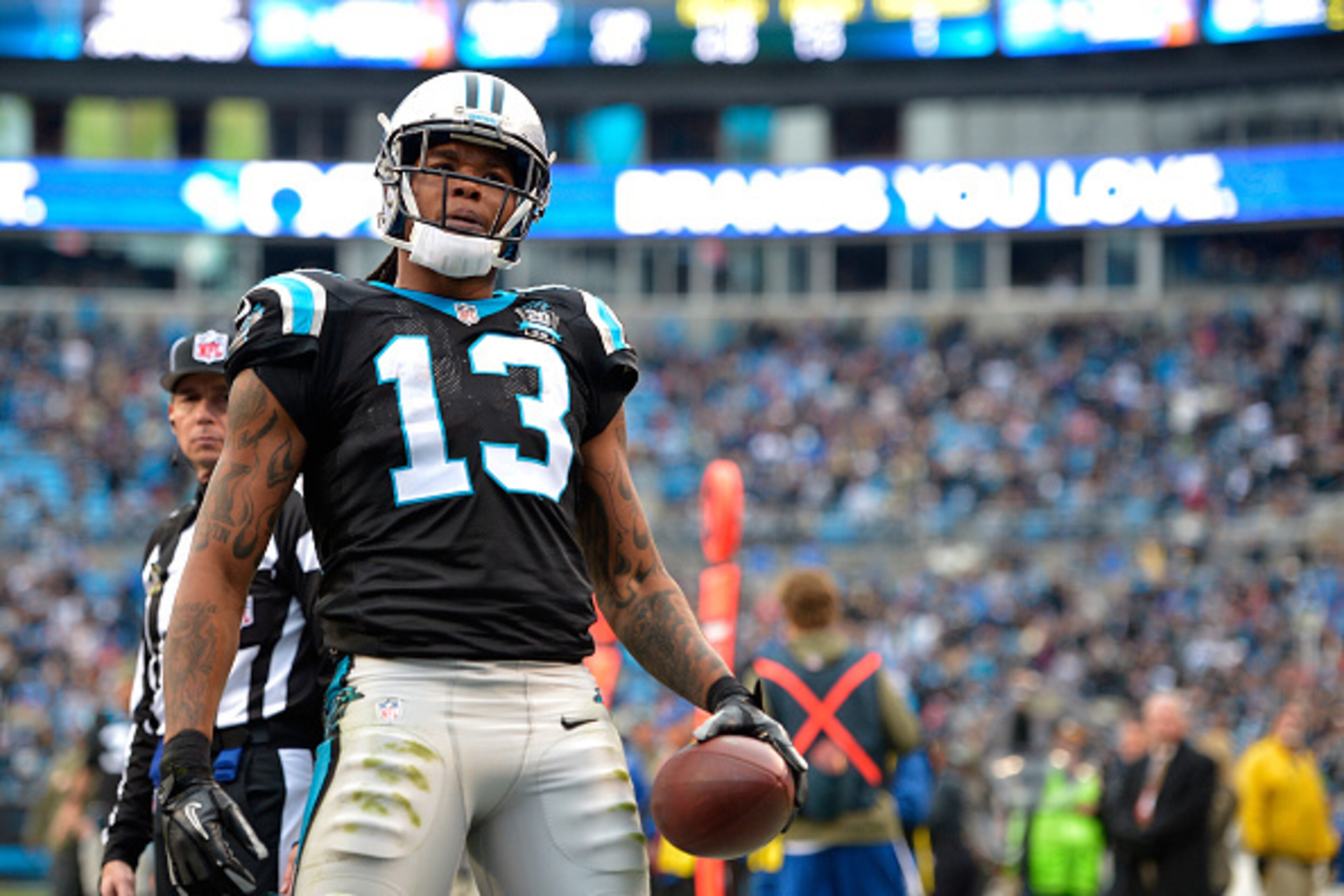 CHARLOTTE, NC - NOVEMBER 16:  Kelvin Benjamin #13 of the Carolina Panthers celebrates his 4th quarter touchdown reception against the Atlanta Falcons during their game at Bank of America Stadium on November 16, 2014 in Charlotte, North Carolina.  (Photo b
