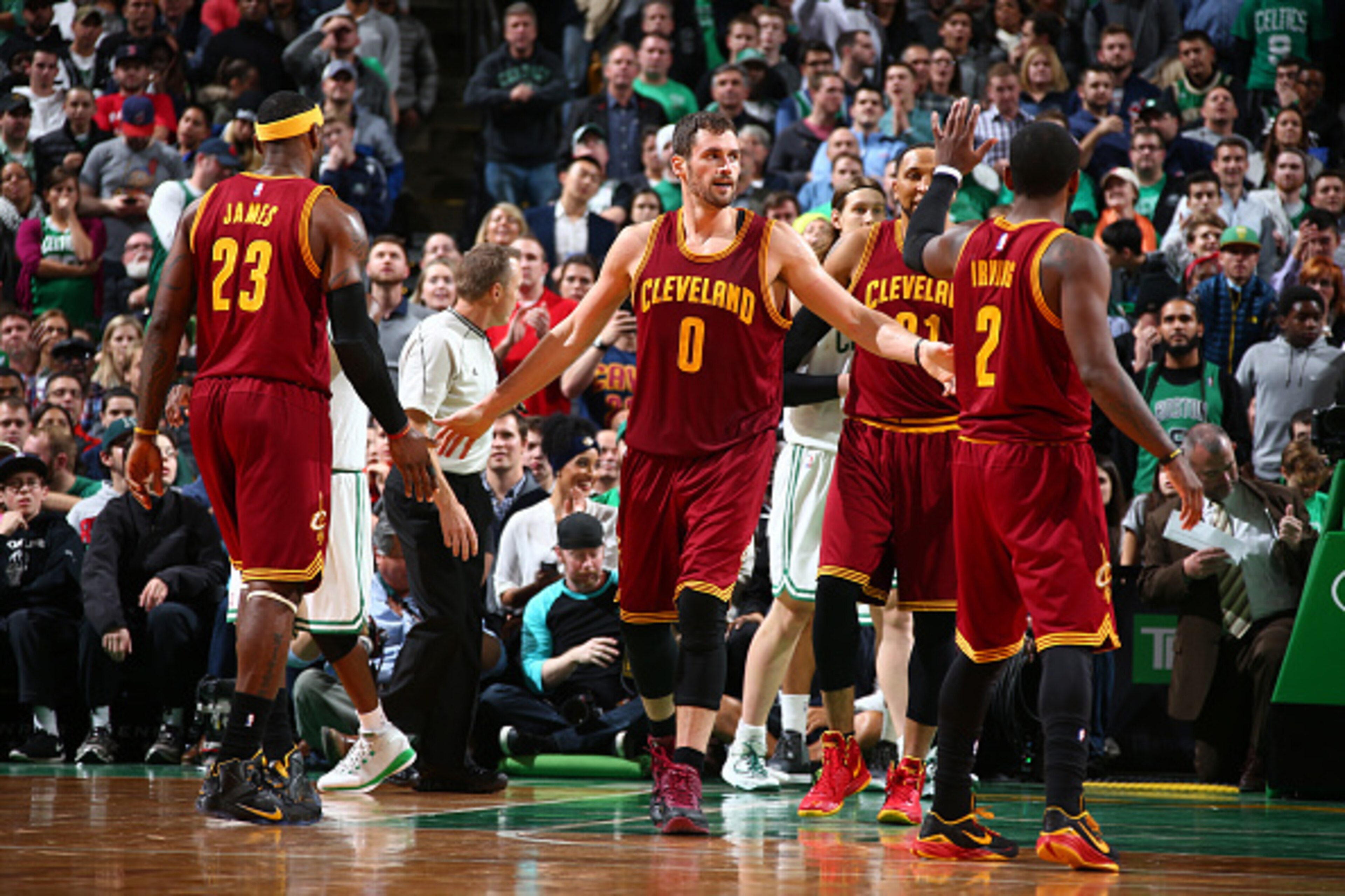 BOSTON, MA - NOVEMBER 14: LeBron James #23 Kevin Love #0 and Kyrie Irving #2 of the Cleveland Cavaliers during the game against the Boston Celtics on November 14, 2014 at the TD Garden in Boston, Massachusetts. NOTE TO USER: User expressly acknowledges a BOSTON, MA - NOVEMBER 14: LeBron James #23 Kevin Love #0 and Kyrie Irving #2 of the Cleveland Cavaliers during the game against the Boston Celtics on November 14, 2014 at the TD Garden in Boston, Massachusetts. NOTE TO USER: User expressly acknowledges a