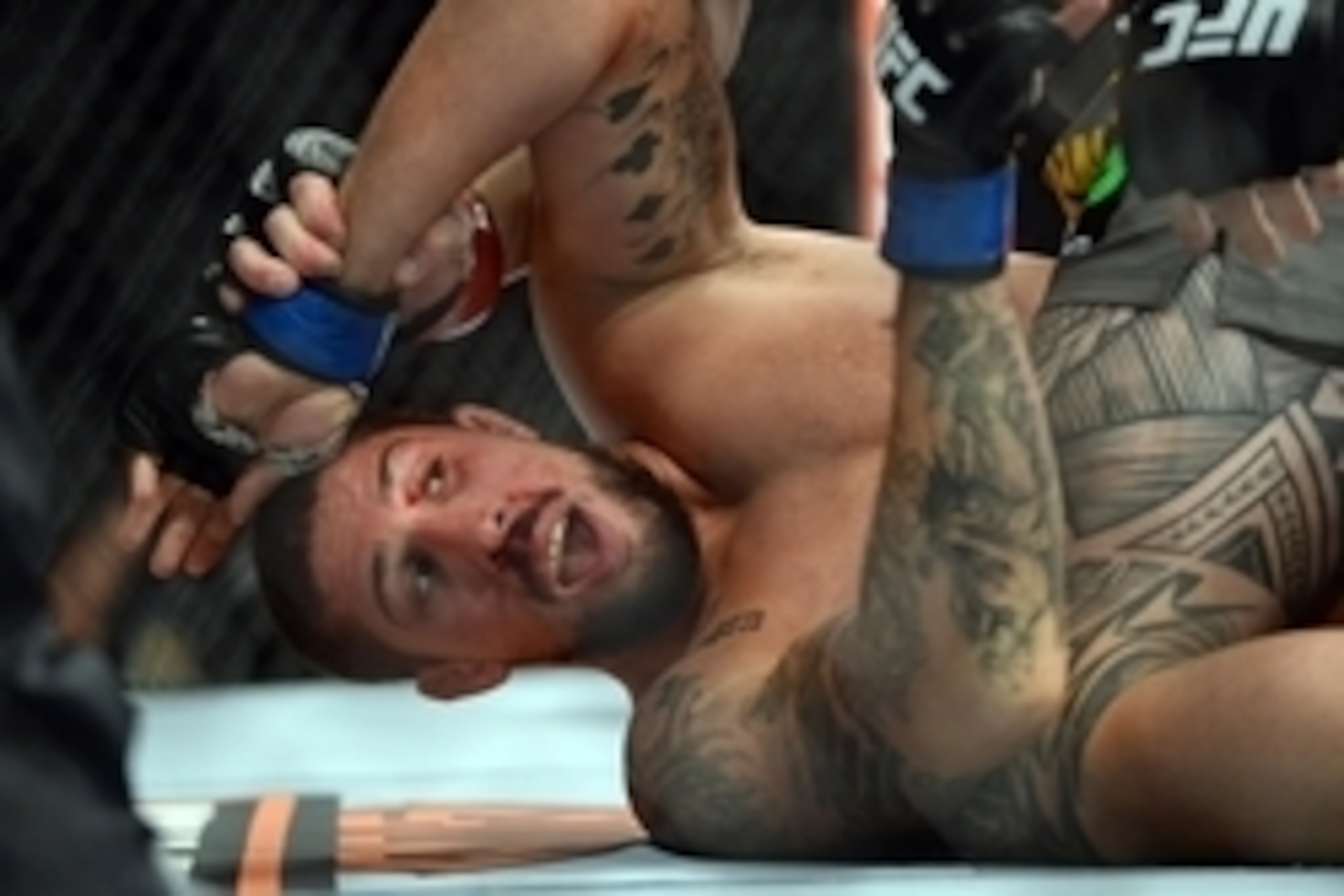 Dec 6, 2014; Las Vegas, NV, USA; Travis Browne (red) and Brendan Schaub (blue) during UFC 181 at Madalay Bay Events Center. Browne won via first round TKO. Mandatory Credit: Joe Camporeale-USA TODAY Sports