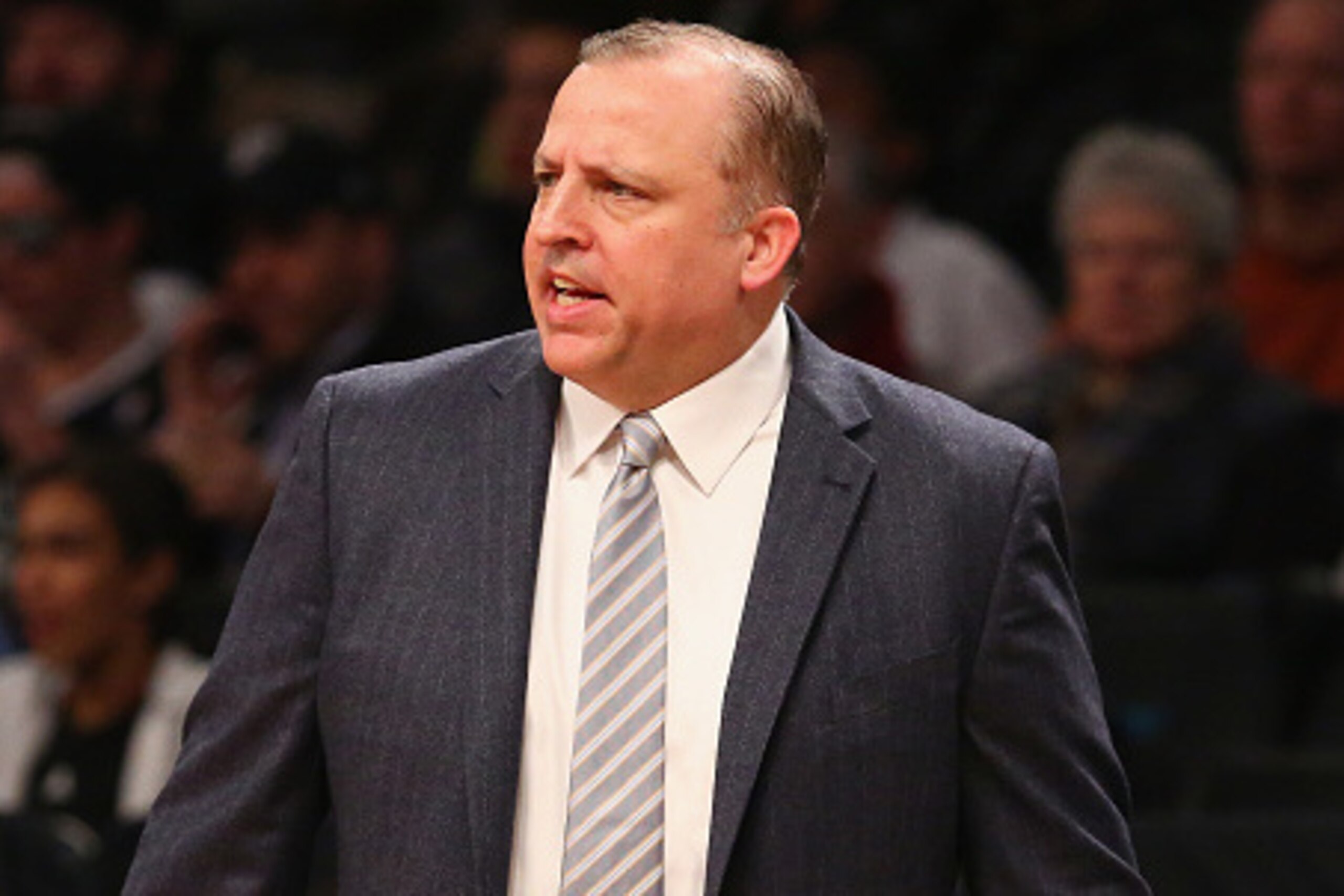 NEW YORK, NY - NOVEMBER 30:  Tom Thibodeau, Head coach of the of the Chicago Bulls gives instructions against the Brooklyn Nets during their game at the Barclays Center on November 30, 2014 in New York City.  (Photo by Al Bello/Getty Images)