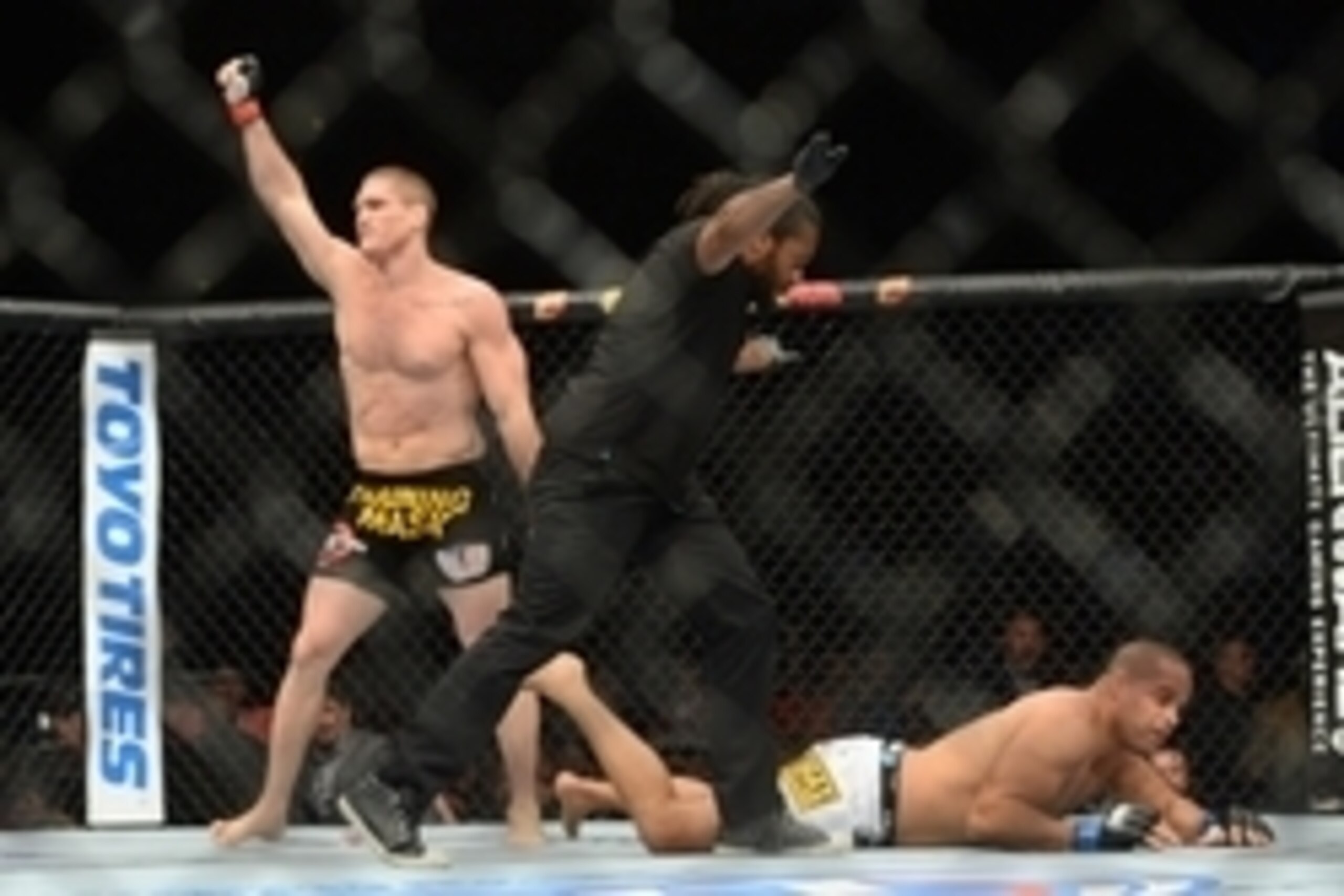 Dec 6, 2014; Las Vegas, NV, USA; Todd Duffee (red) celebrates after defeating Anthony Hamilton (blue) during UFC 181 at Madalay Bay Events Center. Duffee won via first round knockout. Mandatory Credit: Joe Camporeale-USA TODAY Sports