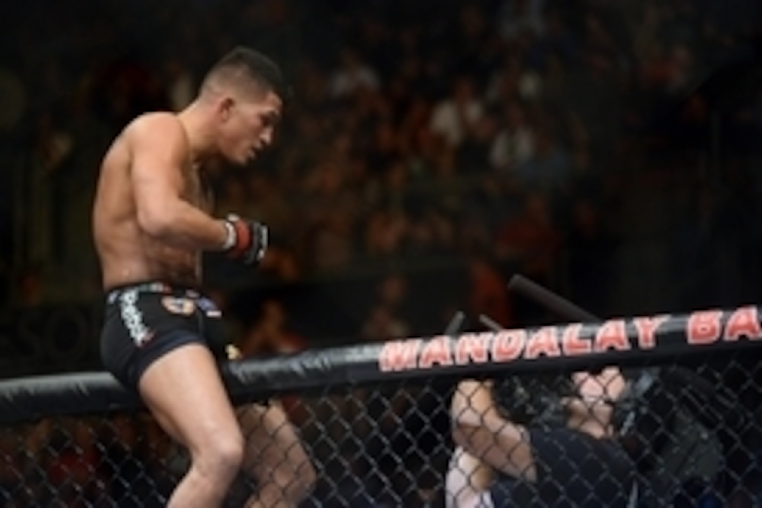 Dec 6, 2014; Las Vegas, NV, USA; Anthony Pettis (red) defeats Gilbert Melendez (blue) during UFC 181 at Madalay Bay Events Center. Pettis won via second round submission. Mandatory Credit: Joe Camporeale-USA TODAY Sports