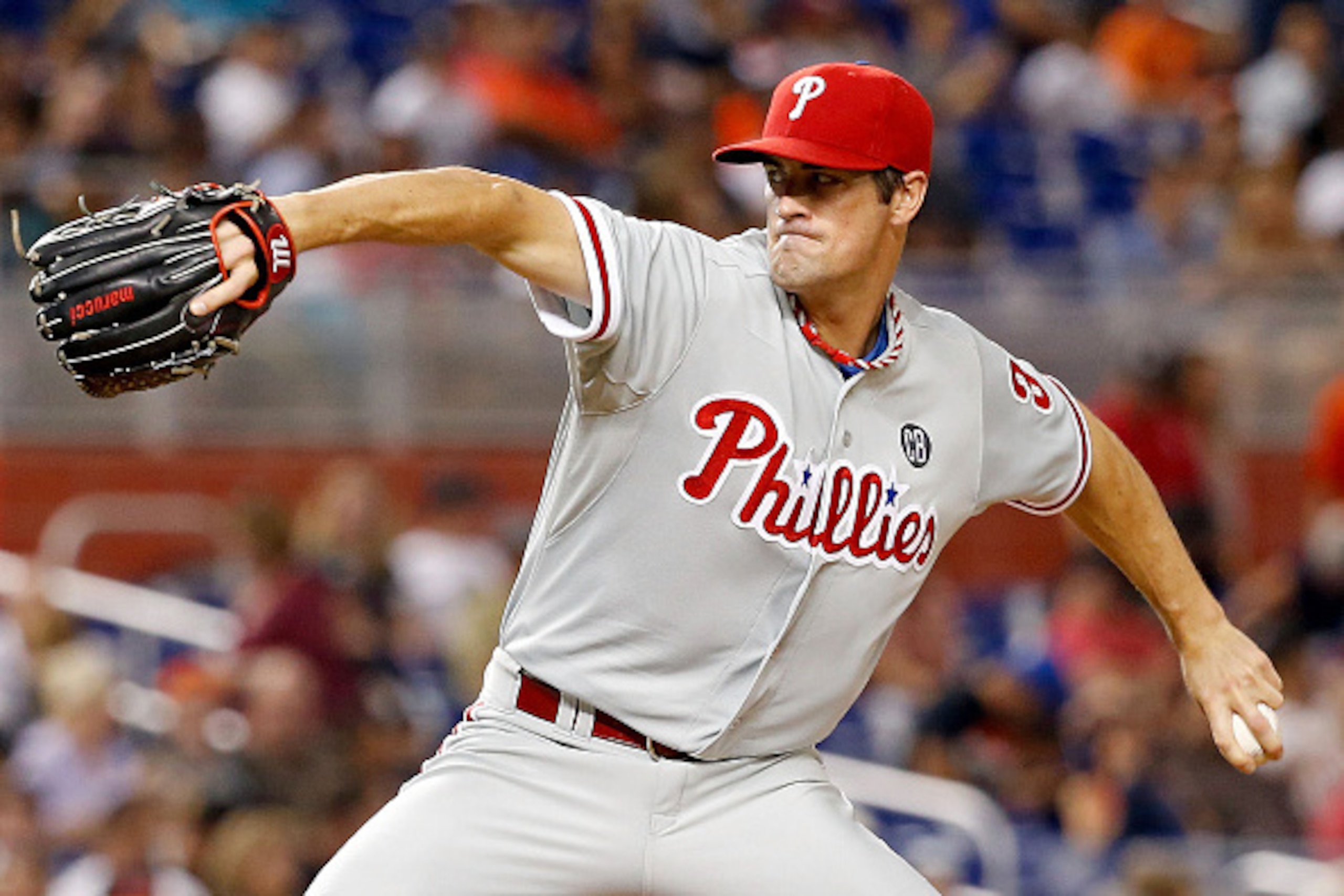 MIAMI, FL - SEPTEMBER 23:  Cole Hamels #35 of the Philadelphia Phillies pitches during the third inning of the game against the Miami Marlins at Marlins Park on September 23, 2014 in Miami, Florida.  (Photo by Rob Foldy/Getty Images)