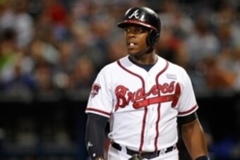 Sep 16, 2014; Atlanta, GA, USA; Atlanta Braves left fielder Justin Upton (8) in action against the Washington Nationals in the second inning at Turner Field. Mandatory Credit: Brett Davis-USA TODAY Sports