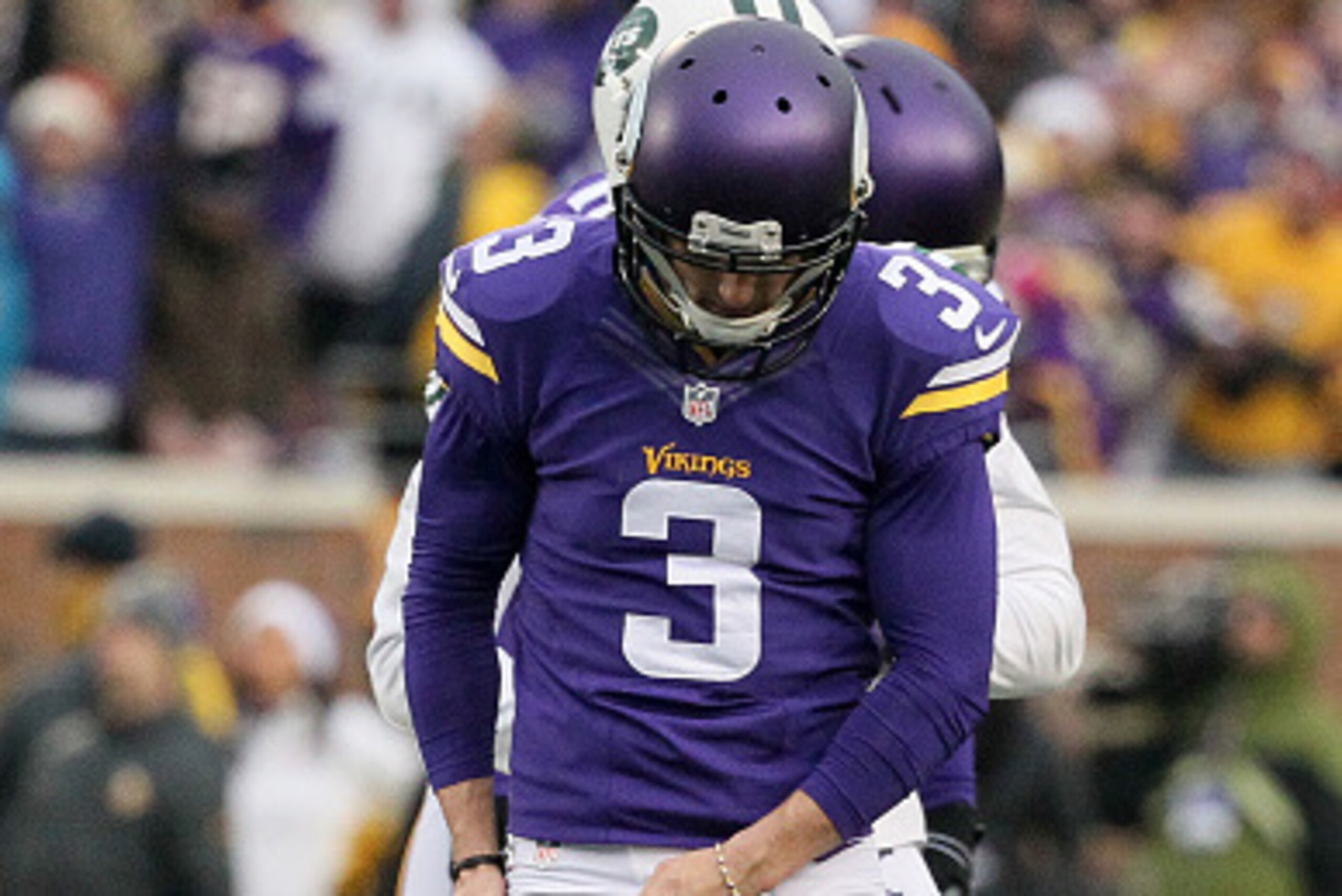 MINNEAPOLIS, MN - DECEMBER 7: Blair Walsh #3 of the Minnesota Vikings reacts to missing a 54 yard field goal for the win against the New York Jets forcing overtime on December 7, 2014 at TCF Bank Stadium in Minneapolis, Minnesota. (Photo by Adam Bettcher/