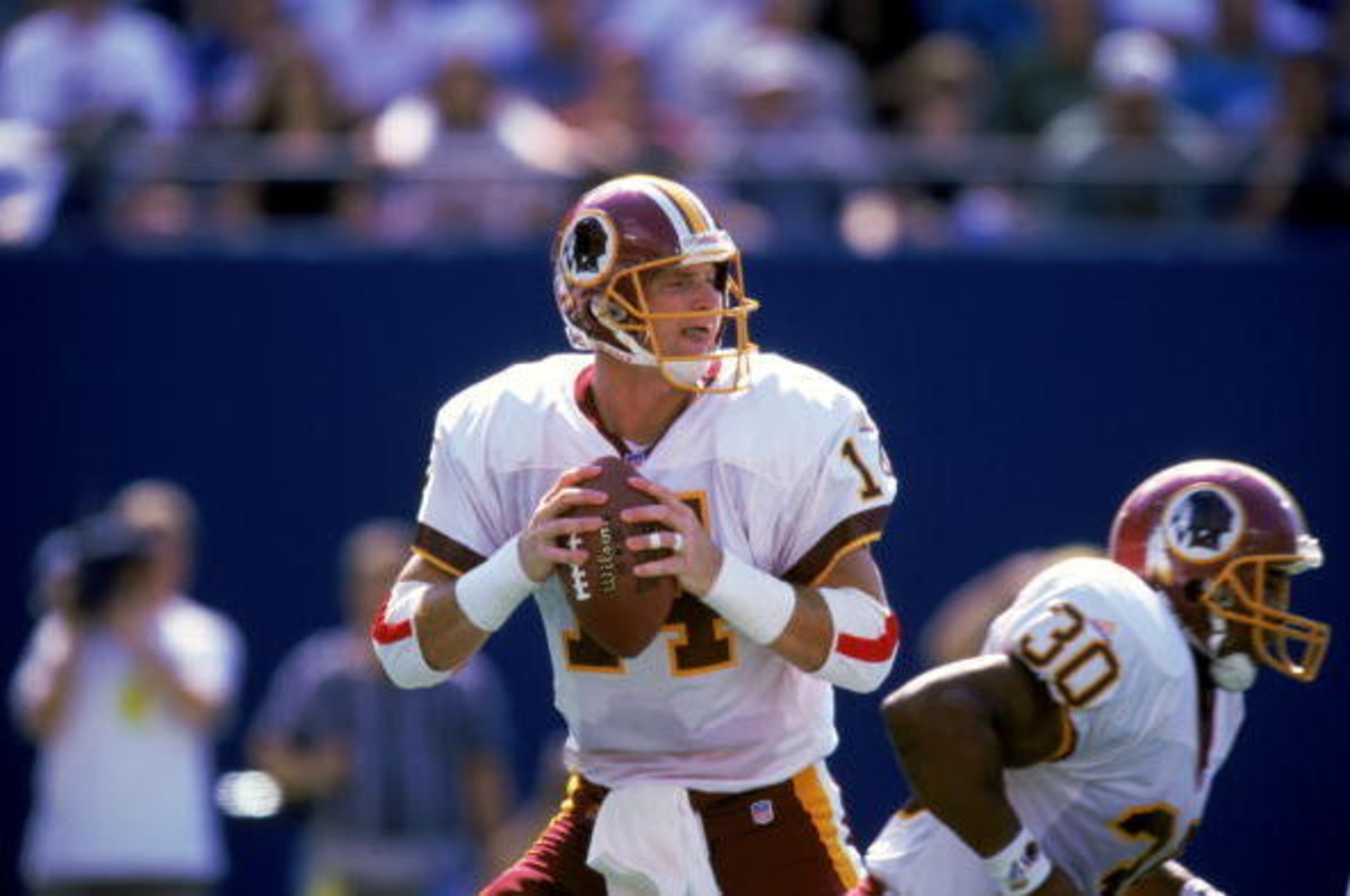19 Sep 1999:  Brad Johnson #14 of the Washington Redskins gets ready to pass the ball during the game against the New York Giants at the Giants Stadium in East Rutherford, New Jersey. The Redskins defeated the Giants 50-21. Mandatory Credit: Ezra O. Shaw 