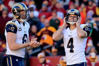 LANDOVER, MD - DECEMBER 07: Kicker Greg Zuerlein #4 of the St. Louis Rams reacts after missing a second quarter fieldgoal against the Washington Redskins at FedExField on December 7, 2014 in Landover, Maryland.  (Photo by Rob Carr/Getty Images)