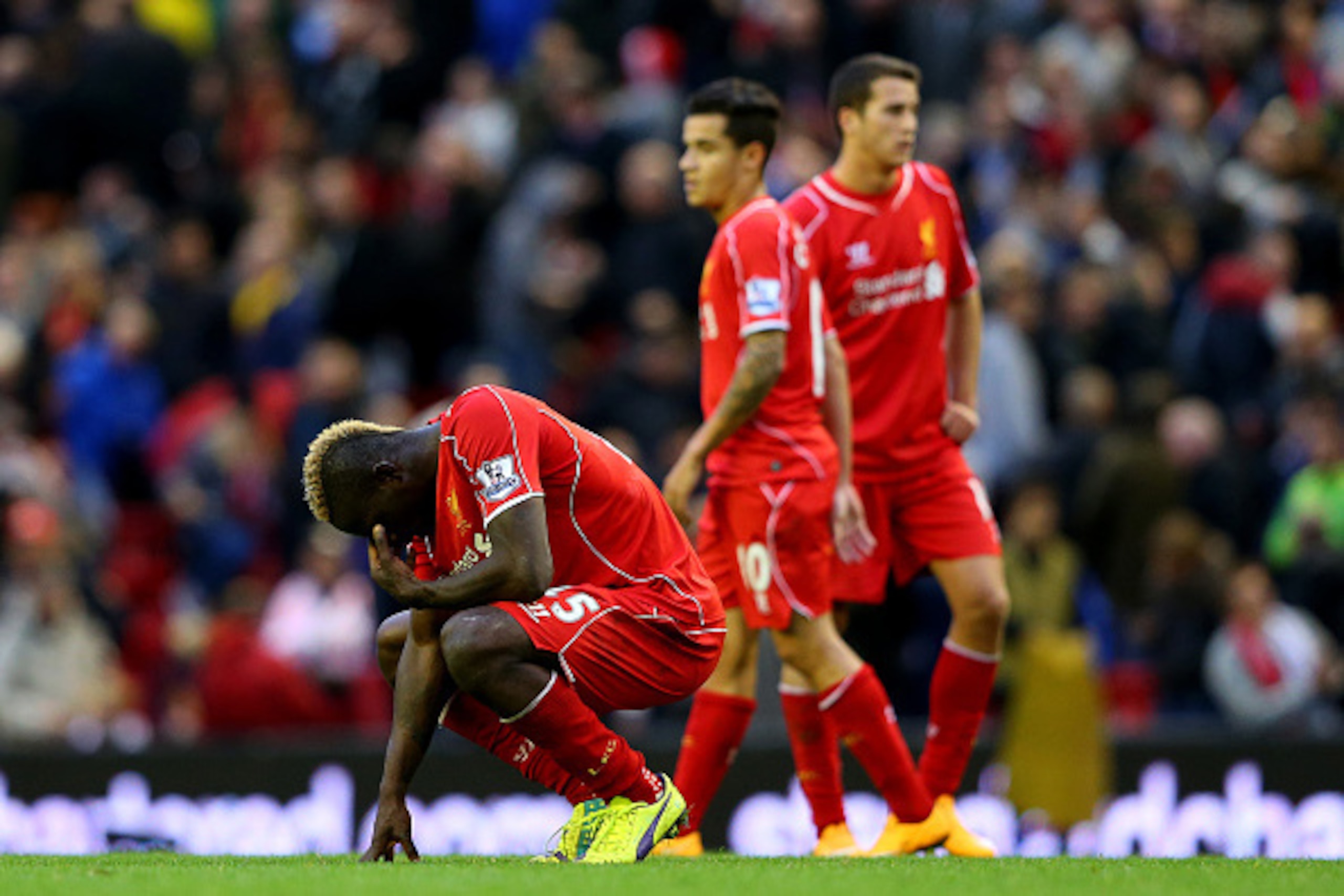 LIVERPOOL, ENGLAND - OCTOBER 25:  Mario Balotelli of Liverpool shows his frustration after a missed opportunity during the Barclays Premier League match between Liverpool and Hull City at Anfield on October 25, 2014 in Liverpool, England.  (Photo by Alex 