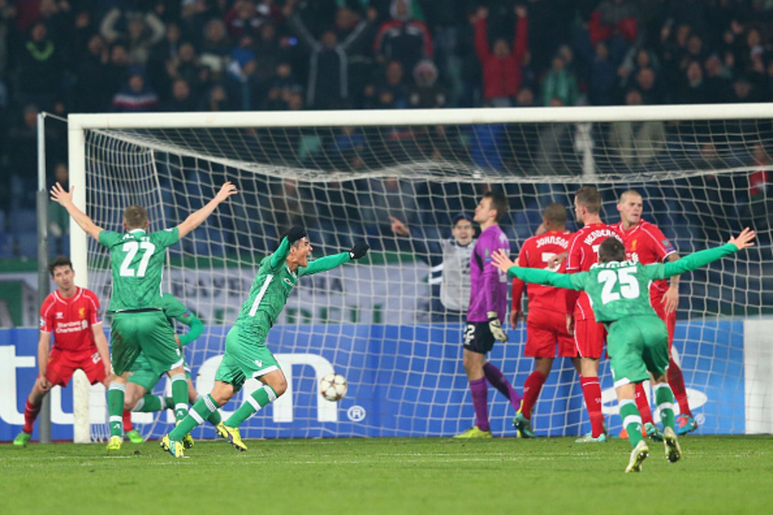 SOFIA, BULGARIA - NOVEMBER 26: Marcelinho (2L) of Ludogerets celebrates the equalising goal during the UEFA Champions League Group B match between Ludogorets Razgrad and Liverpool at the Vasil Levski Stadium on November 26, 2014 in Sofia, Bulgaria. (P SOFIA, BULGARIA - NOVEMBER 26: Marcelinho (2L) of Ludogerets celebrates the equalising goal during the UEFA Champions League Group B match between Ludogorets Razgrad and Liverpool at the Vasil Levski Stadium on November 26, 2014 in Sofia, Bulgaria. (P
