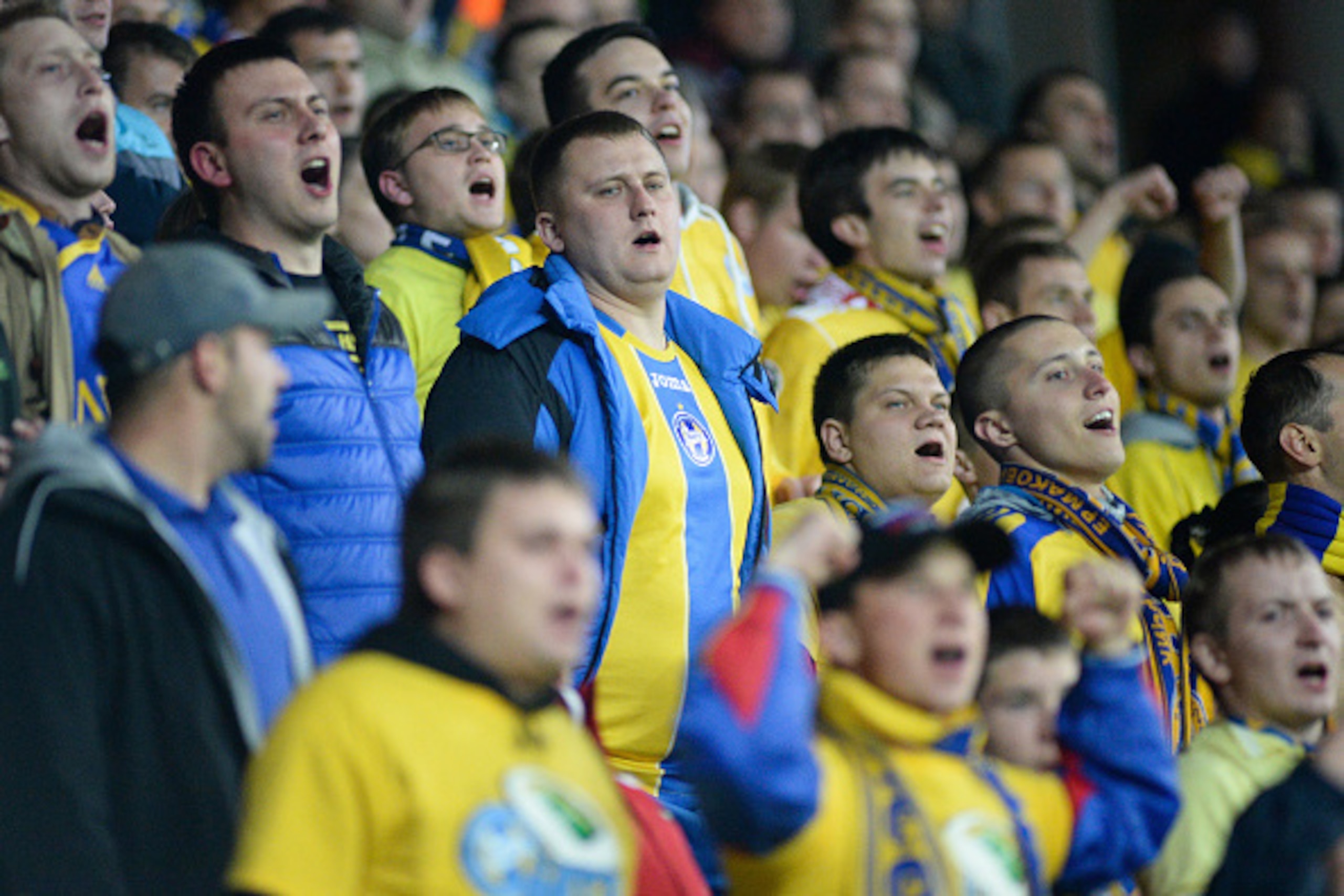 BORISOV,BELARUS - SEPTEMBER 30:  Bate Borisov supporters during the UEFA Champions League Group H match between Bate Borisov and Athletic Bilbao at the Borisov Arena on September 30, 2014 in Borisov, Belarus. (Photo by Maxim Malinovsky/EuroFootball/Getty 