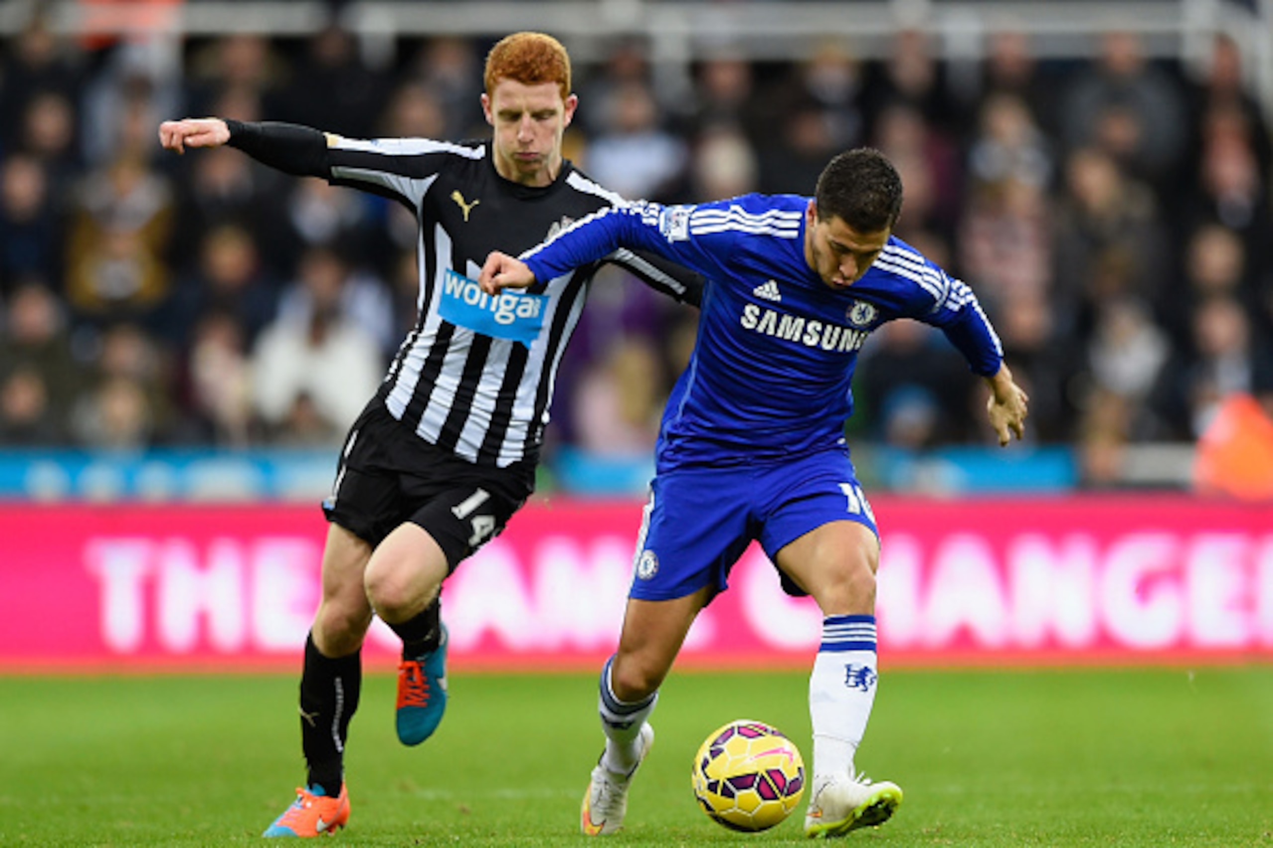 NEWCASTLE UPON TYNE, ENGLAND - DECEMBER 06: Eden Hazard of Chelsea is cjhallenged by Jack Colback of Newcastle United during the Barclays Premier League match between Newcastle United and Chelsea at St James' Park on December 6, 2014 in Newcastle upon Ty NEWCASTLE UPON TYNE, ENGLAND - DECEMBER 06: Eden Hazard of Chelsea is cjhallenged by Jack Colback of Newcastle United during the Barclays Premier League match between Newcastle United and Chelsea at St James' Park on December 6, 2014 in Newcastle upon Ty