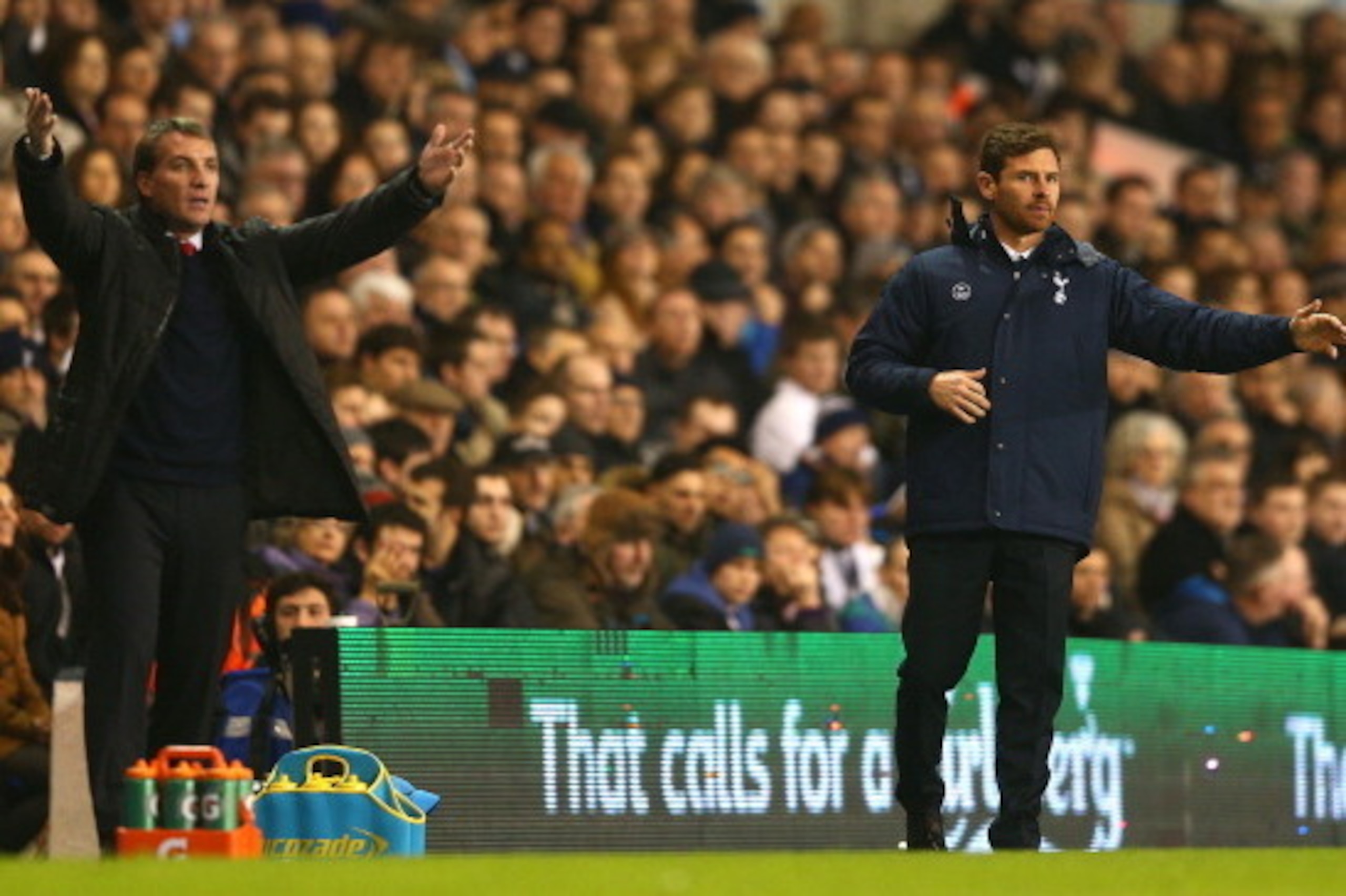 LONDON, ENGLAND - DECEMBER 15:  Brendan Rodgers of Liverpool and Andre Villas-Boas manager of Tottenham Hotspur on the touchline during the Barclays Premier League match between Tottenham Hotspur and Liverpool at White Hart Lane on December 15, 2013 in Lo