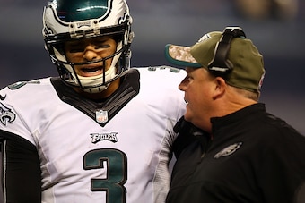 ARLINGTON, TX - NOVEMBER 27:  Mark Sanchez #3 of the Philadelphia Eagles talks with Head coach Chip Kelly of the Philadelphia Eagles in the second half against the Dallas Cowboys at AT&T Stadium on November 27, 2014 in Arlington, Texas.  (Photo by Ronald 