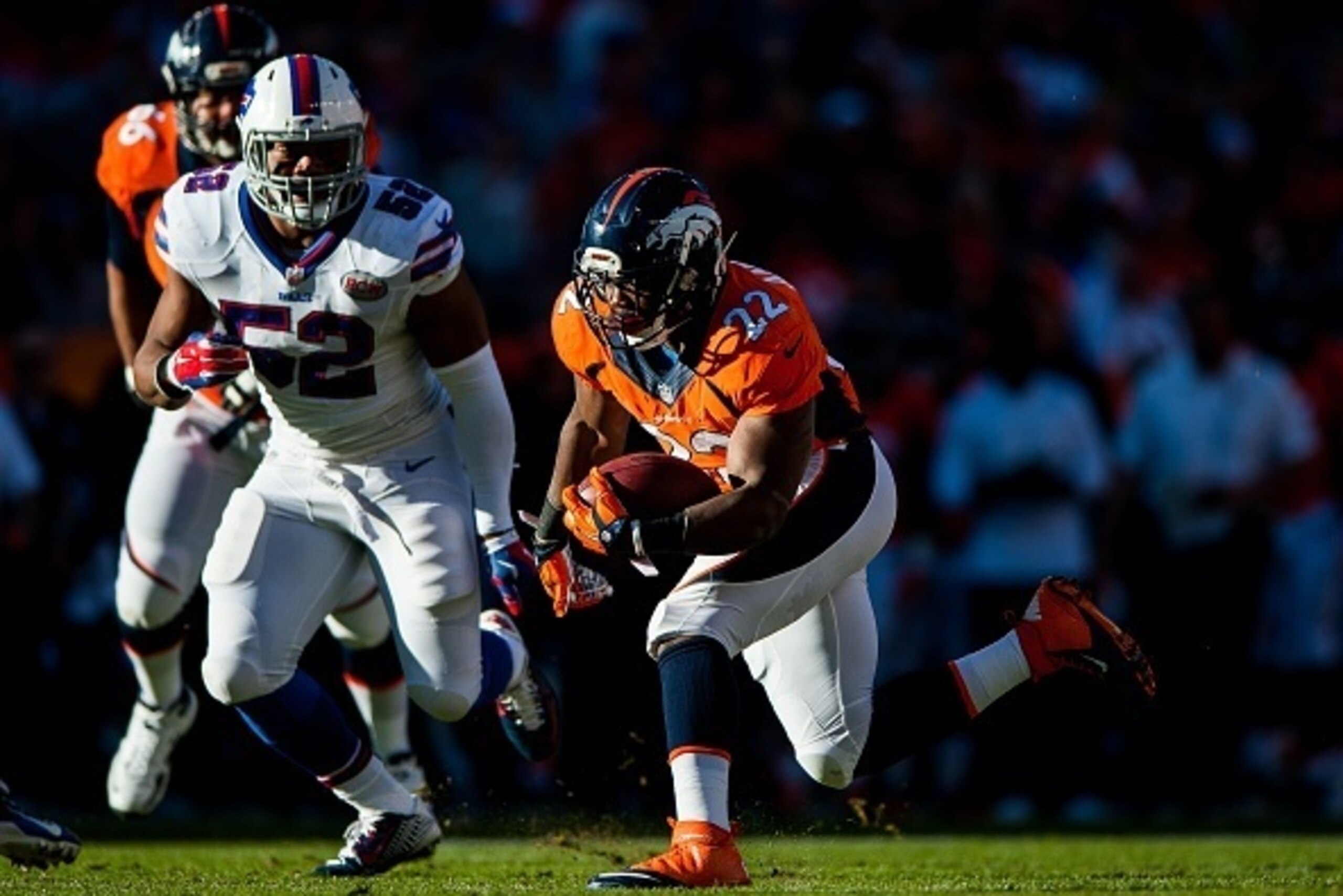 DENVER, CO - DECEMBER 7:  Running back C.J. Anderson #22 of the Denver Broncos rushes against the Buffalo Bills during a game at Sports Authority Field at Mile High on December 7, 2014 in Denver, Colorado.  (Photo by Dustin Bradford/Getty Images)