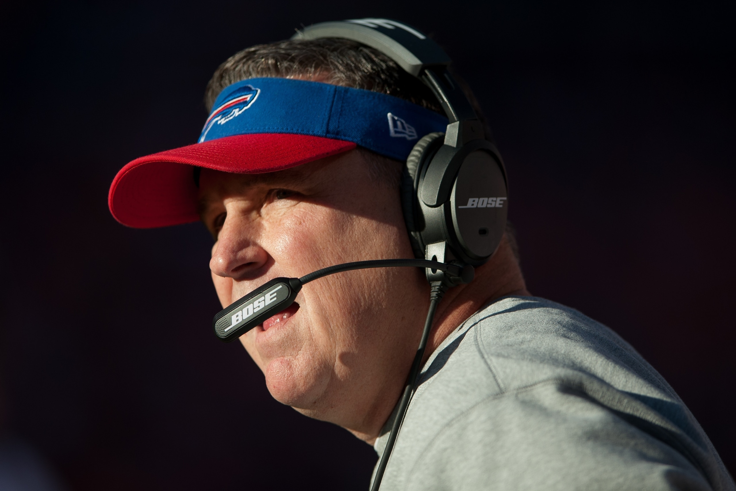 DENVER, CO - DECEMBER 7:  Head coach Doug Marrone of the Buffalo Bills watches from the sideline during a game between the Denver Broncos and the Buffalo Bills at Sports Authority Field at Mile High on December 7, 2014 in Denver, Colorado.  (Photo by Dust