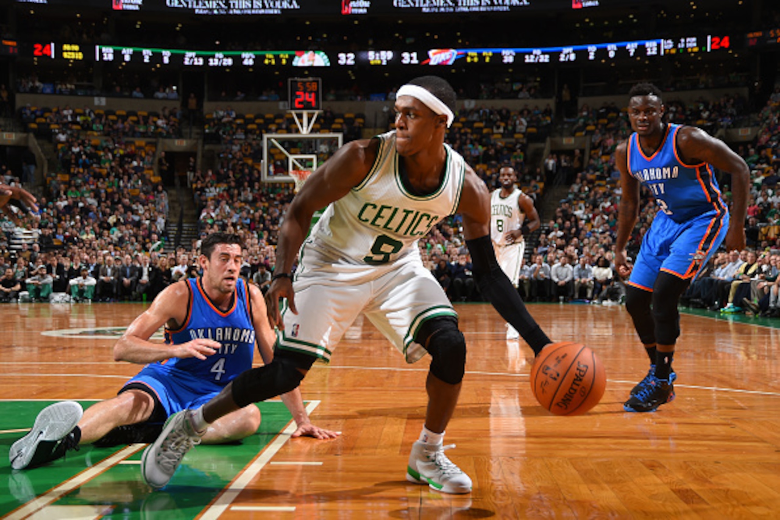 BOSTON, MA - NOVEMBER 12: Rajon Rondo #9 of the Boston Celtics handles the ball against the Oklahoma City Thunder during the game on November 12, 2014 at the TD Garden in Boston, Massachusetts. NOTE TO USER: User expressly acknowledges and agrees that, b BOSTON, MA - NOVEMBER 12: Rajon Rondo #9 of the Boston Celtics handles the ball against the Oklahoma City Thunder during the game on November 12, 2014 at the TD Garden in Boston, Massachusetts. NOTE TO USER: User expressly acknowledges and agrees that, b