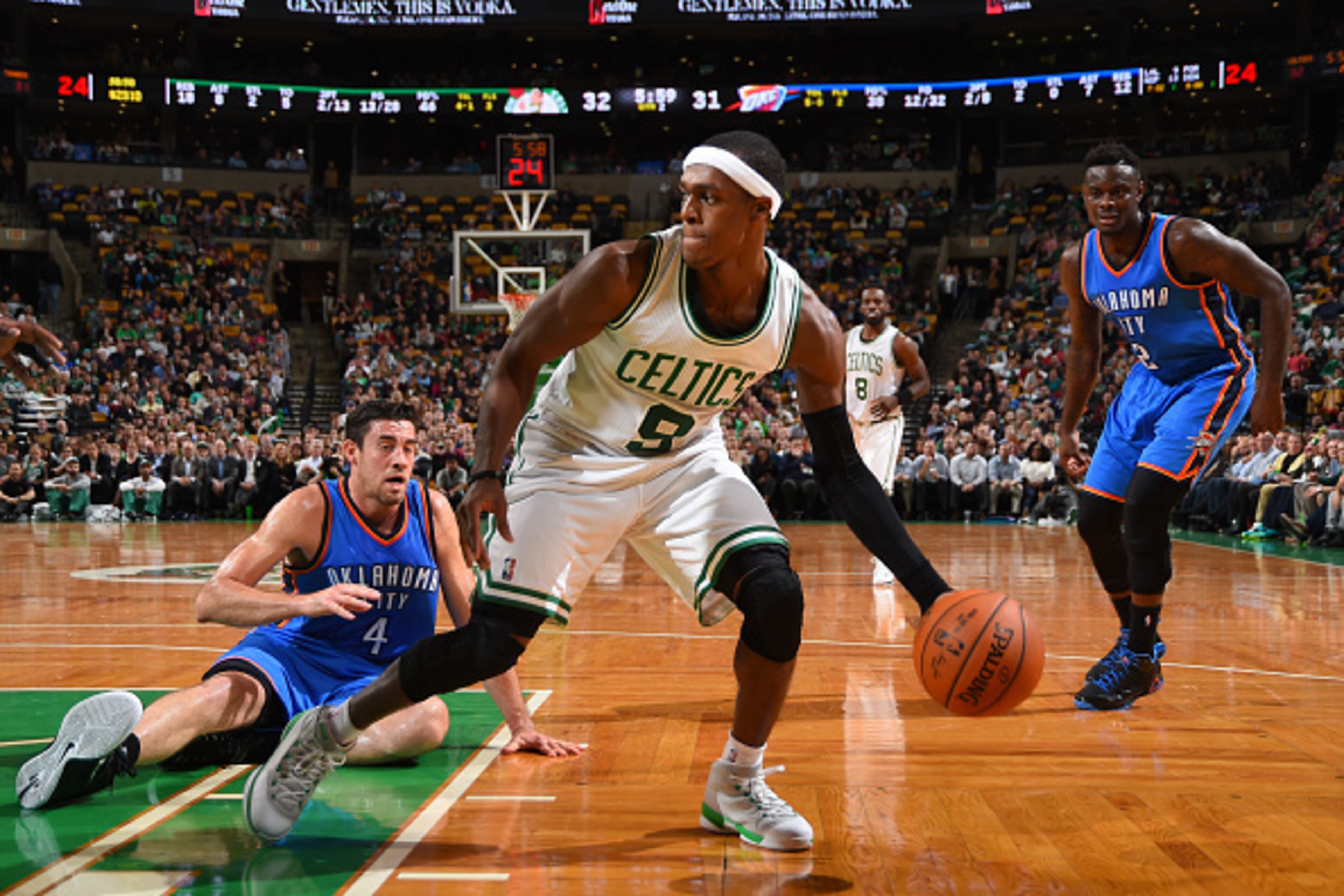 BOSTON, MA - NOVEMBER 12:  Rajon Rondo #9 of the Boston Celtics handles the ball against the Oklahoma City Thunder during the game on November 12, 2014 at the TD Garden in Boston, Massachusetts. NOTE TO USER: User expressly acknowledges and agrees that, b