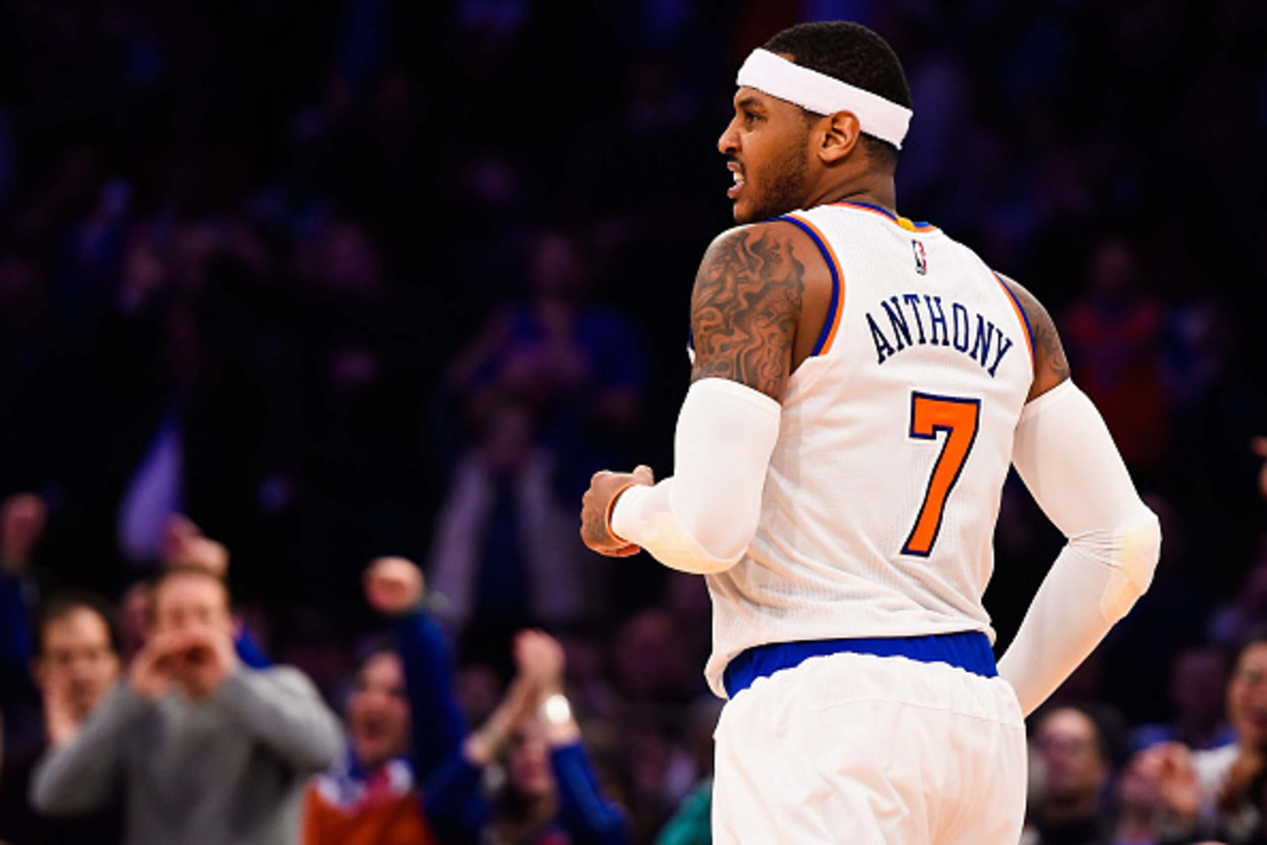 NEW YORK, NY - DECEMBER 07:  Carmelo Anthony #7 of the New York Knicks celebrates a basket in the second half during a game against the Portland Trail Blazers at Madison Square Garden on December 7, 2014 in New York City. NOTE TO USER: User expressly ackn