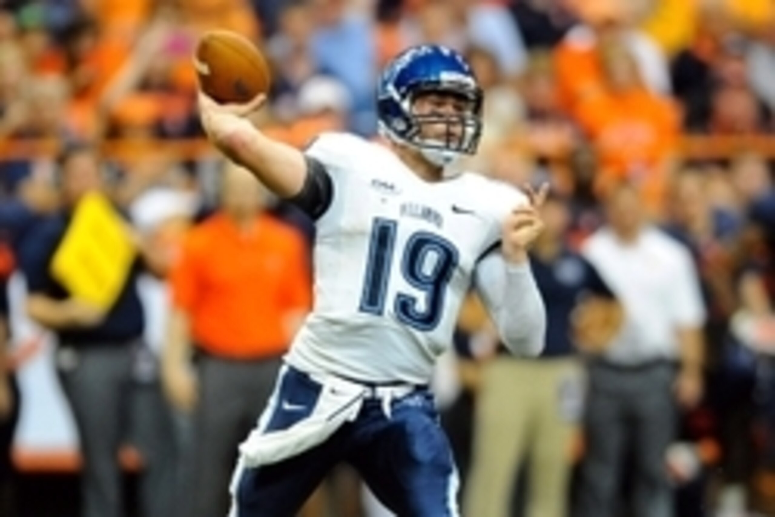 Aug 29, 2014; Syracuse, NY, USA; Villanova Wildcats quarterback John Robertson (19) drops back to pass against the Syracuse Orange during the fourth quarter at the Carrier Dome.  Syracuse defeated Villanova 27-26 in double overtime.  Mandatory Credit: Ric