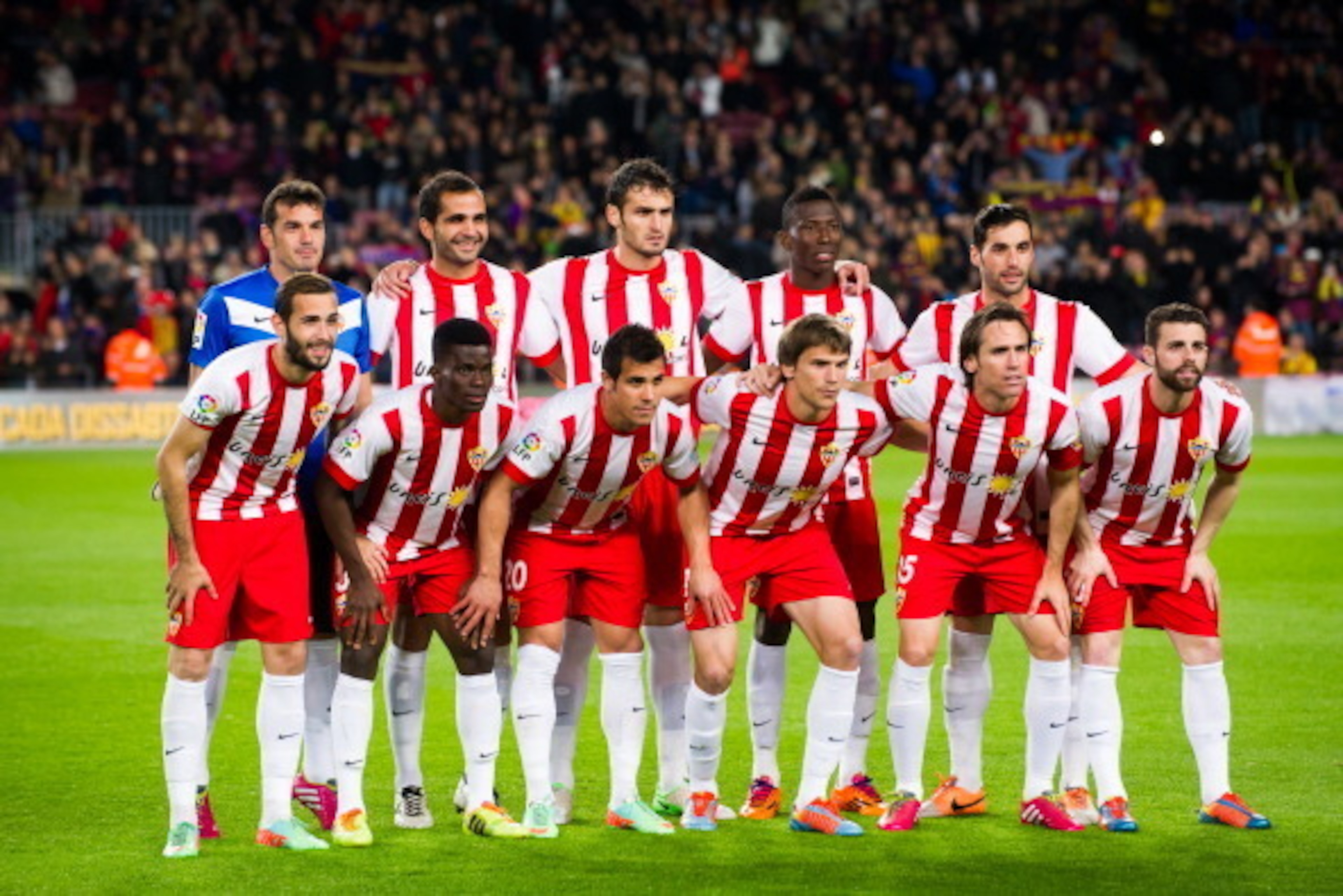BARCELONA, SPAIN - MARCH 02: Players of UD Almeria pose for a team group photo during the La Liga match between FC Barcelona and UD Almeria at Camp Nou on March 2, 2014 in Barcelona, Spain.  (Photo by Alex Caparros/Getty Images)