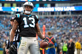 CHARLOTTE, NC - NOVEMBER 16:  Kelvin Benjamin #13 of the Carolina Panthers celebrates his 4th quarter touchdown reception against the Atlanta Falcons during their game at Bank of America Stadium on November 16, 2014 in Charlotte, North Carolina.  (Photo b