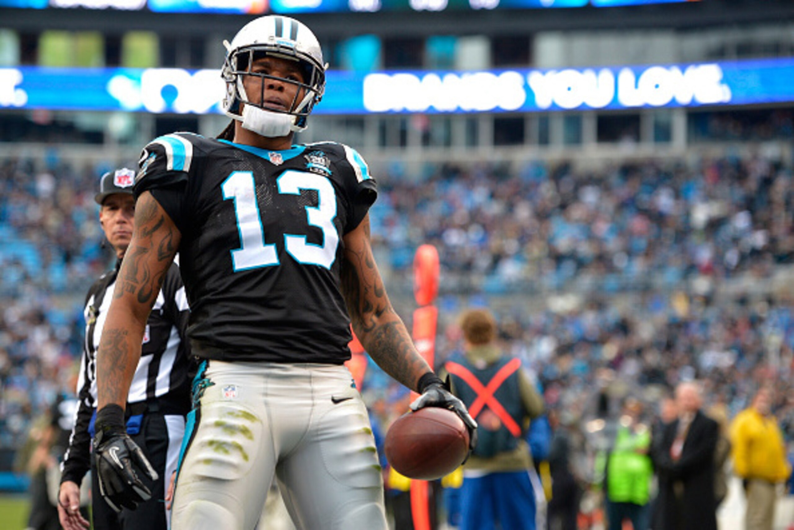CHARLOTTE, NC - NOVEMBER 16: Kelvin Benjamin #13 of the Carolina Panthers celebrates his 4th quarter touchdown reception against the Atlanta Falcons during their game at Bank of America Stadium on November 16, 2014 in Charlotte, North Carolina. (Photo b CHARLOTTE, NC - NOVEMBER 16: Kelvin Benjamin #13 of the Carolina Panthers celebrates his 4th quarter touchdown reception against the Atlanta Falcons during their game at Bank of America Stadium on November 16, 2014 in Charlotte, North Carolina. (Photo b