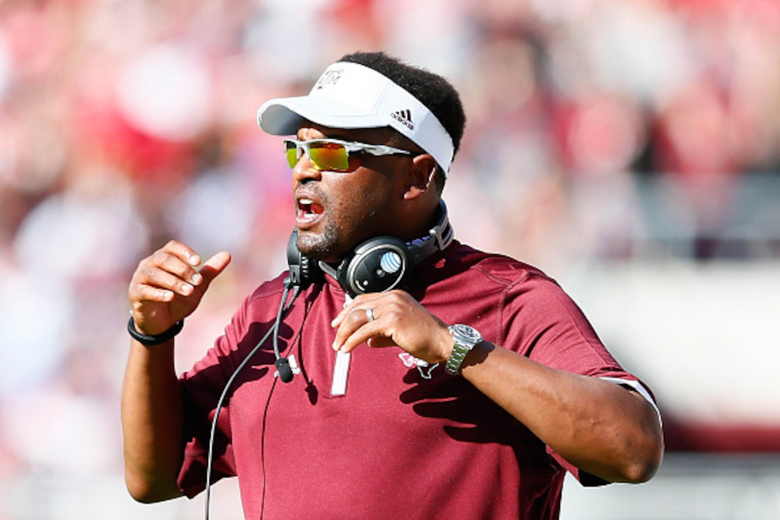 TUSCALOOSA, AL - OCTOBER 18:  Head coach Kevin Sumlin of the Texas A&M Aggies looks on during the game against the Alabama Crimson Tide at Bryant-Denny Stadium on October 18, 2014 in Tuscaloosa, Alabama.  (Photo by Kevin C. Cox/Getty Images)