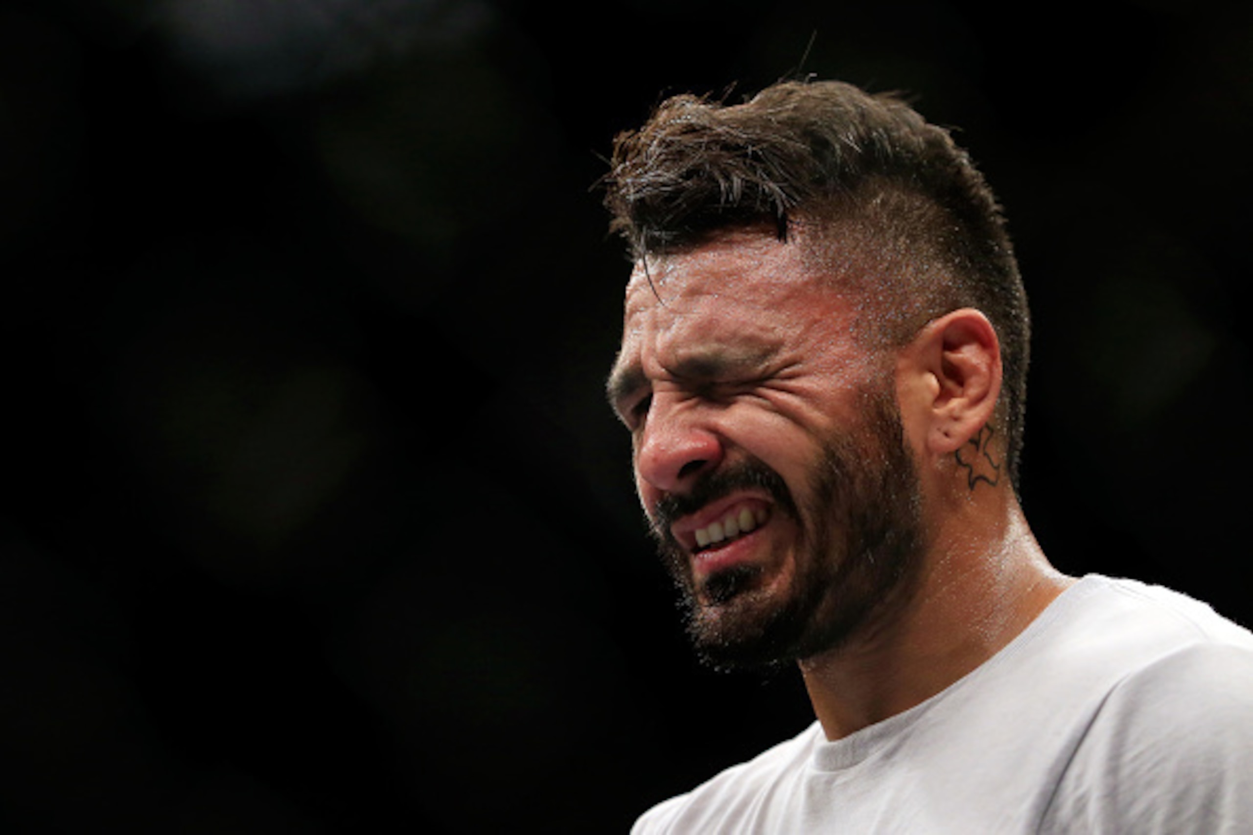 LAS VEGAS, NV - DECEMBER 06:  Francisco Rivera reacts after losing to Urijah Faber in their fight during the UFC 181 event at the Mandalay Bay Events Center on December 6, 2014 in Las Vegas, Nevada.  (Photo by Alex Trautwig/Getty Images)