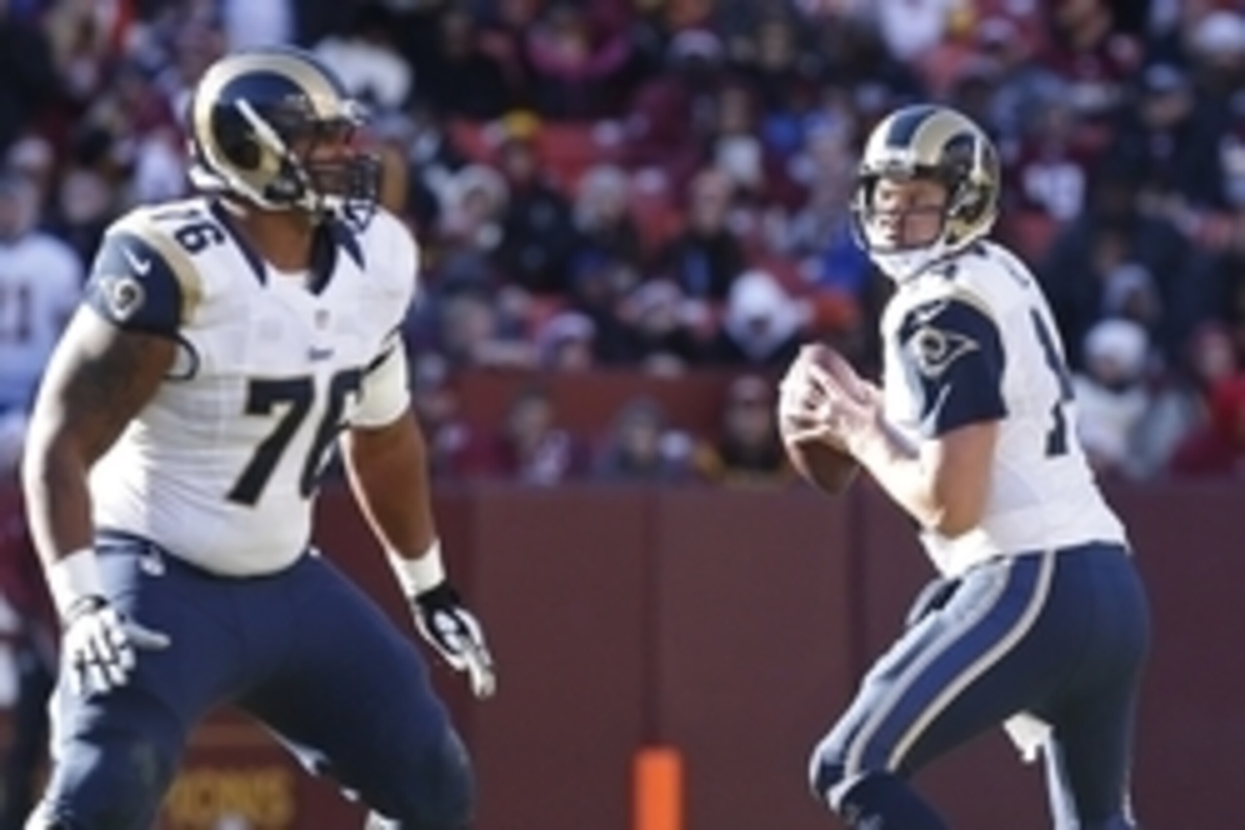 Dec 7, 2014; Landover, MD, USA;  St. Louis Rams quarterback Shaun Hill (14) prepares to throw the ball against the Washington Redskins in the first quarter at FedEx Field. Mandatory Credit: Geoff Burke-USA TODAY Sports