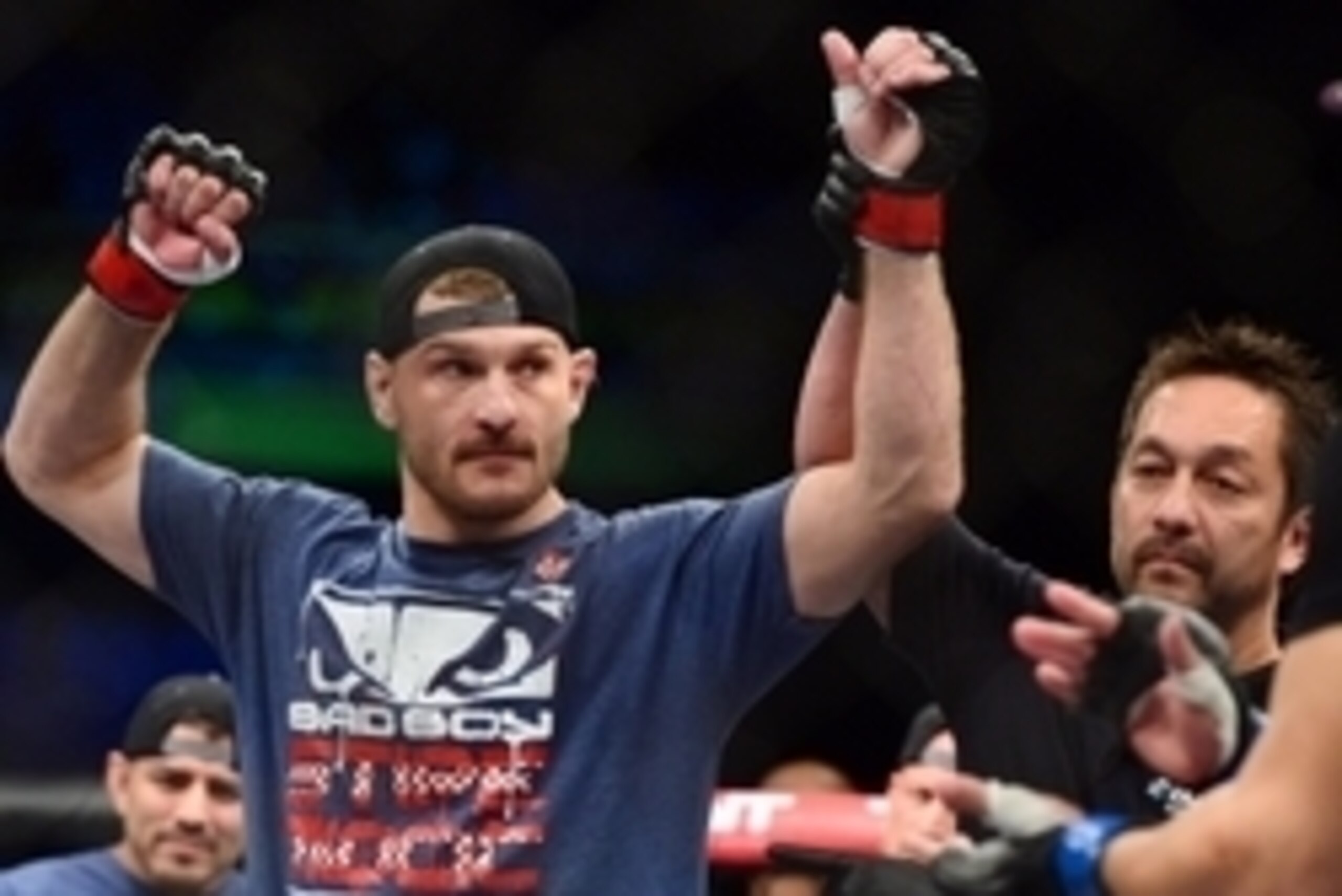 May 31, 2014; Sao Paulo, SP, BRAZIL; Stipe Miocic (red gloves) reacts after his fight against Fabio Maldonado (blue gloves) during the TUF Brazil 3 Finale at Ibirapuera  Gymnasium. Mandatory Credit: Jason Silva-USA TODAY Sports