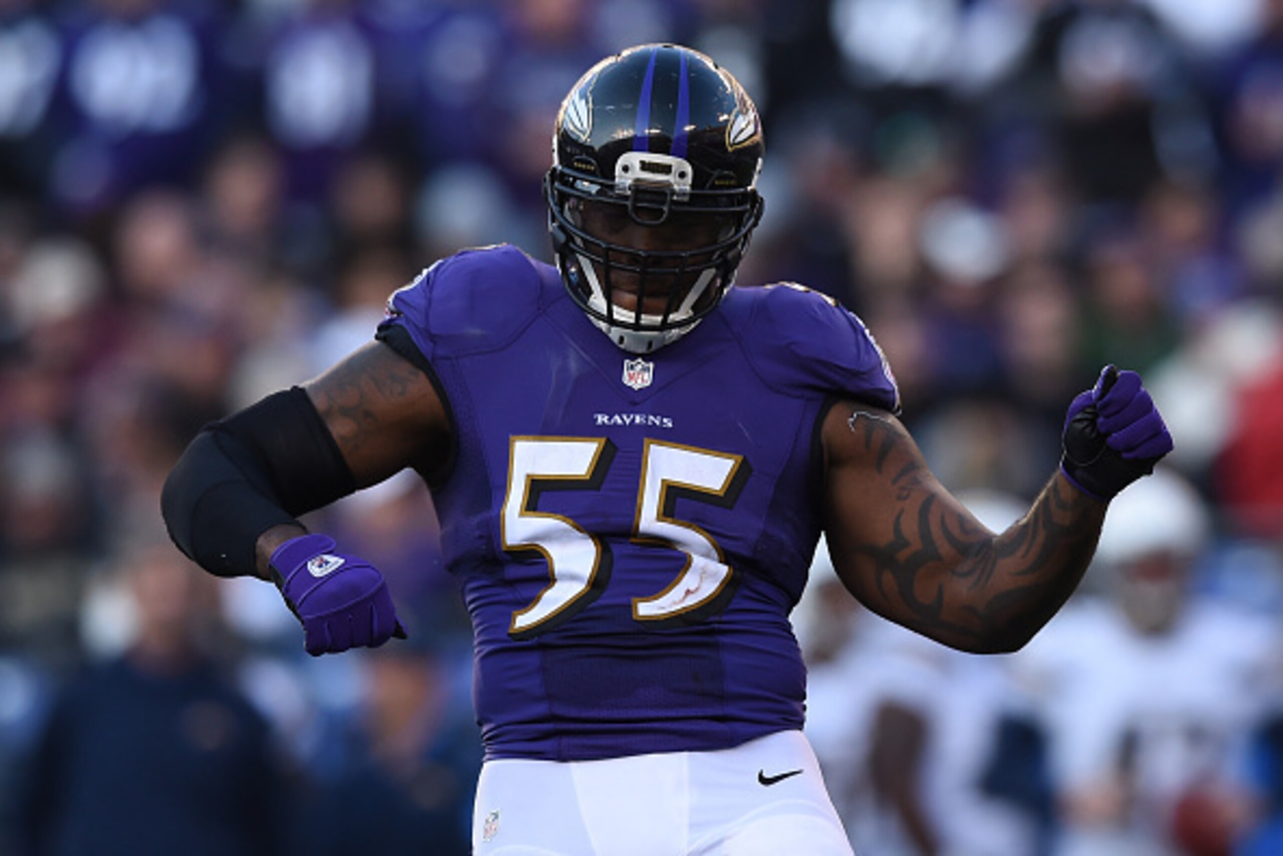 BALTIMORE, MD - NOVEMBER 30: Outside linebacker Terrell Suggs #55 of the Baltimore Ravens celebrates a sack against the San Diego Chargers in the second half at M&T Bank Stadium on November 30, 2014 in Baltimore, Maryland. The San Diego Chargers won, 34-3