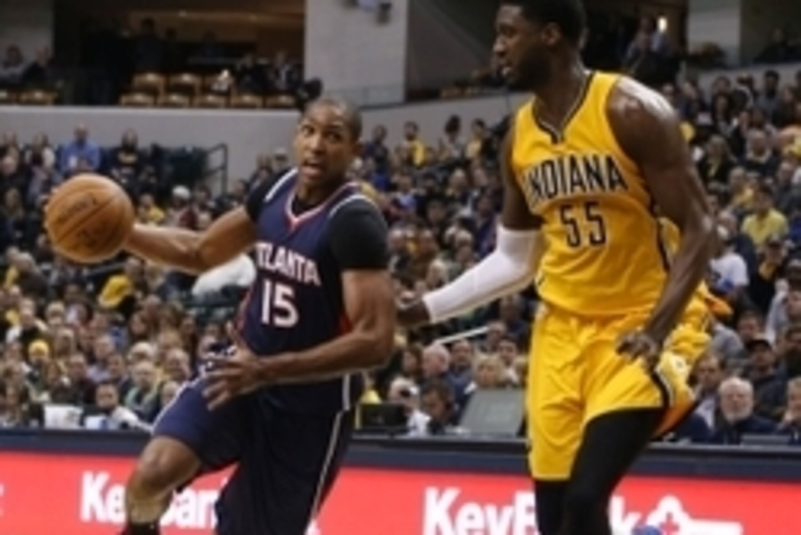 Dec 8, 2014; Indianapolis, IN, USA; Atlanta Hawks forward Al Horford (15) drives to the basket against Indiana Pacers center Roy Hibbert (55) at Bankers Life Fieldhouse. Mandatory Credit: Brian Spurlock-USA TODAY Sports Dec 8, 2014; Indianapolis, IN, USA; Atlanta Hawks forward Al Horford (15) drives to the basket against Indiana Pacers center Roy Hibbert (55) at Bankers Life Fieldhouse. Mandatory Credit: Brian Spurlock-USA TODAY Sports