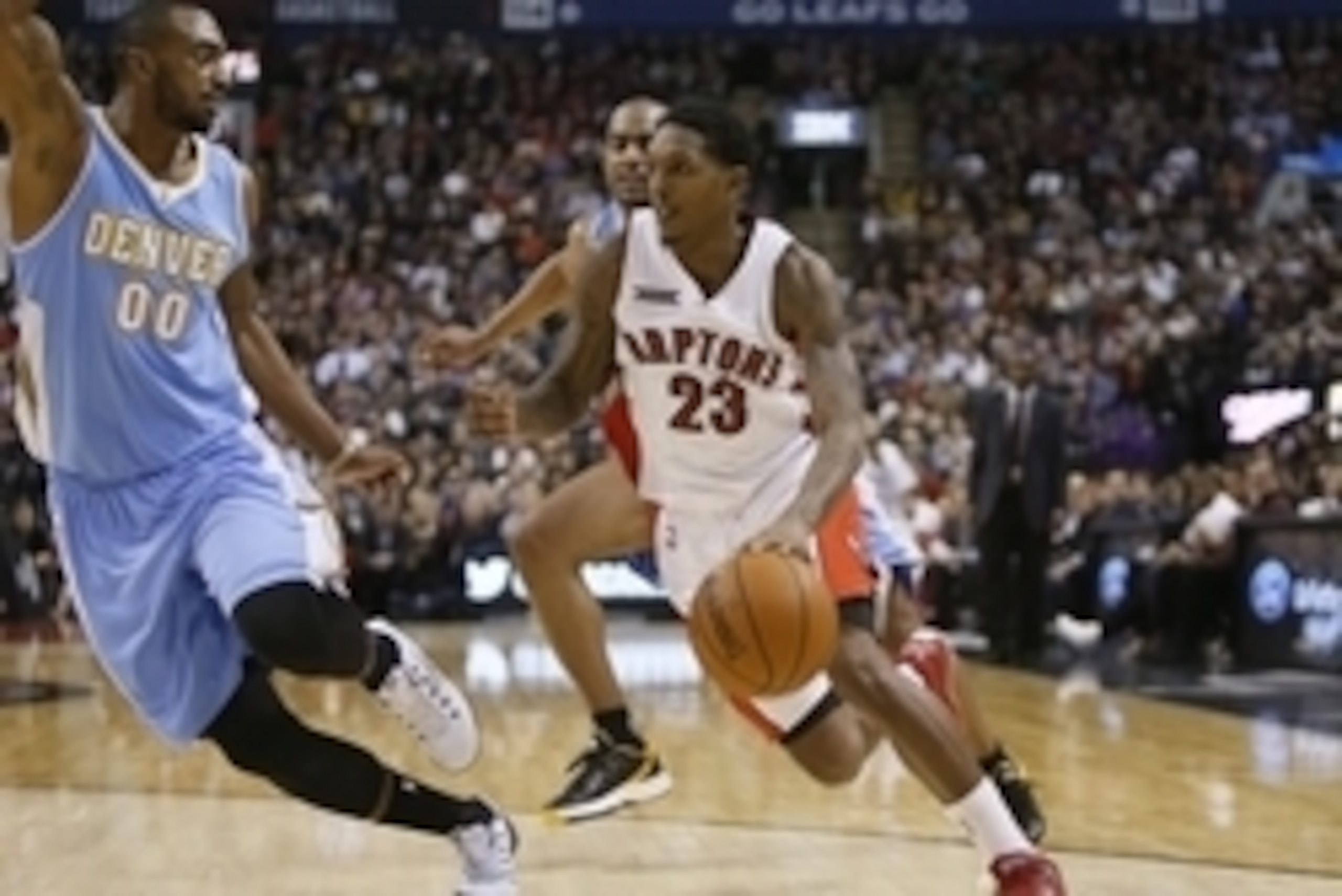 Dec 8, 2014; Toronto, Ontario, CAN; Toronto Raptors guard Louis Williams (23) drives to the net against Denver Nuggets forward Darrell Arthur (00) at the Air Canada Centre. Toronto defeated Denver 112-107 in overtime. Mandatory Credit: John E. Sokolowski- Dec 8, 2014; Toronto, Ontario, CAN; Toronto Raptors guard Louis Williams (23) drives to the net against Denver Nuggets forward Darrell Arthur (00) at the Air Canada Centre. Toronto defeated Denver 112-107 in overtime. Mandatory Credit: John E. Sokolowski-