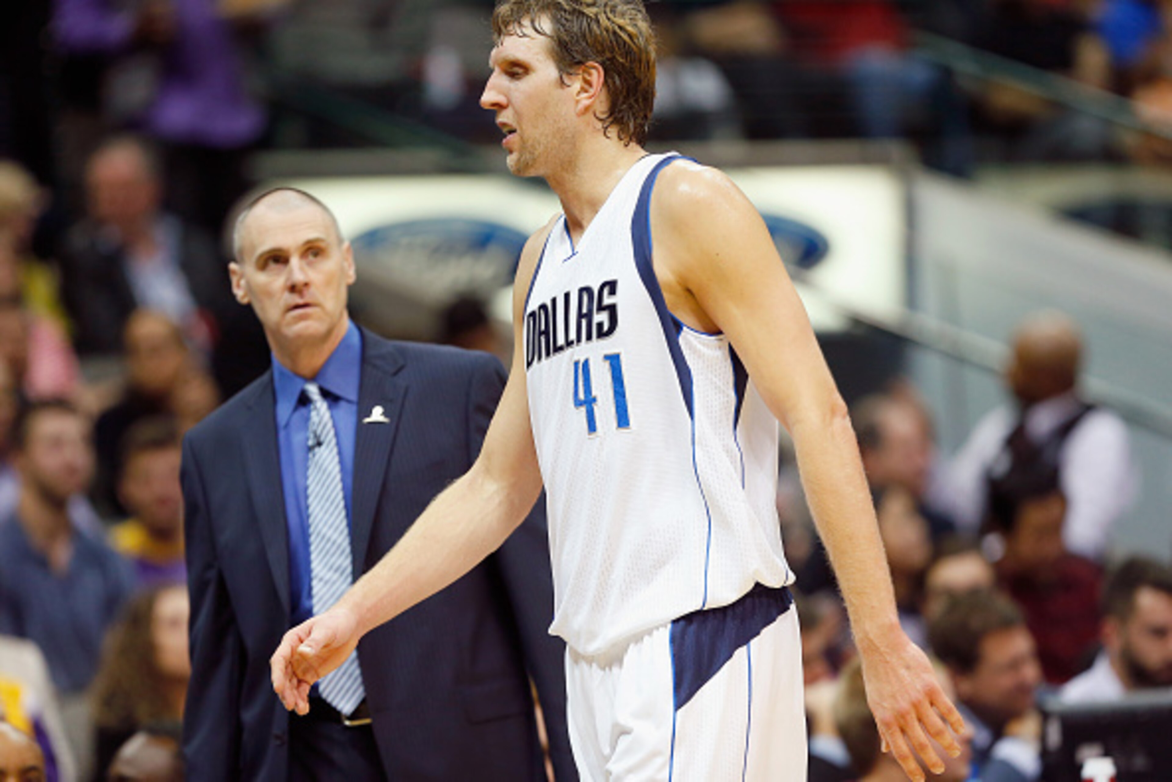 DALLAS, TX - NOVEMBER 21: Dirk Nowitzki #41 of the Dallas Mavericks reacts against the Los Angeles Lakers as head coach Rick Carlisle of the Dallas Mavericks in the first quarter at American Airlines Center on November 21, 2014 in Dallas, Texas. NOTE TO DALLAS, TX - NOVEMBER 21: Dirk Nowitzki #41 of the Dallas Mavericks reacts against the Los Angeles Lakers as head coach Rick Carlisle of the Dallas Mavericks in the first quarter at American Airlines Center on November 21, 2014 in Dallas, Texas. NOTE TO