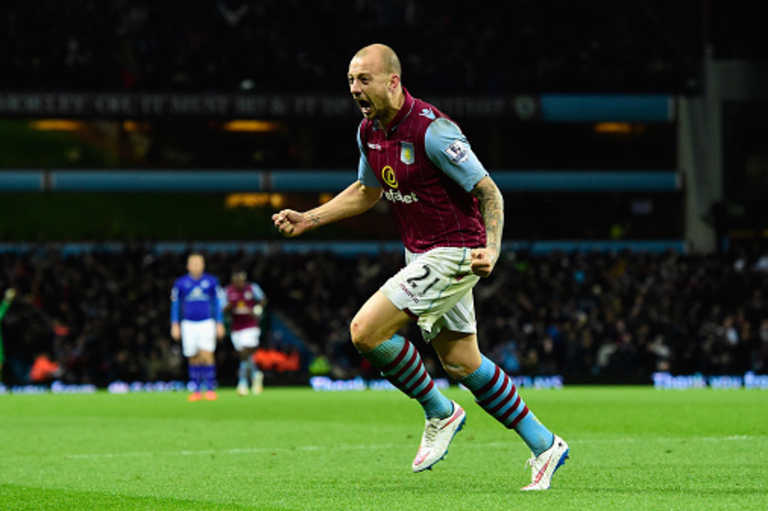 BIRMINGHAM, ENGLAND - DECEMBER 07:  Alan Hutton of Villa celebrates after scoring the second goal during the Barclays Premier League match between Aston Villa and Leicester City at Villa Park on December 7, 2014 in Birmingham, England.  (Photo by Stu Fors