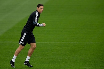 MADRID, SPAIN - NOVEMBER 03:  Cristiano Ronaldo of Real Madrid CF excersise during the training session ahead of the UEFA Champions League Group B match between Real Madrid CF and Liverpool FC at Valdebebas training ground on November 3, 2014 in Madrid, S