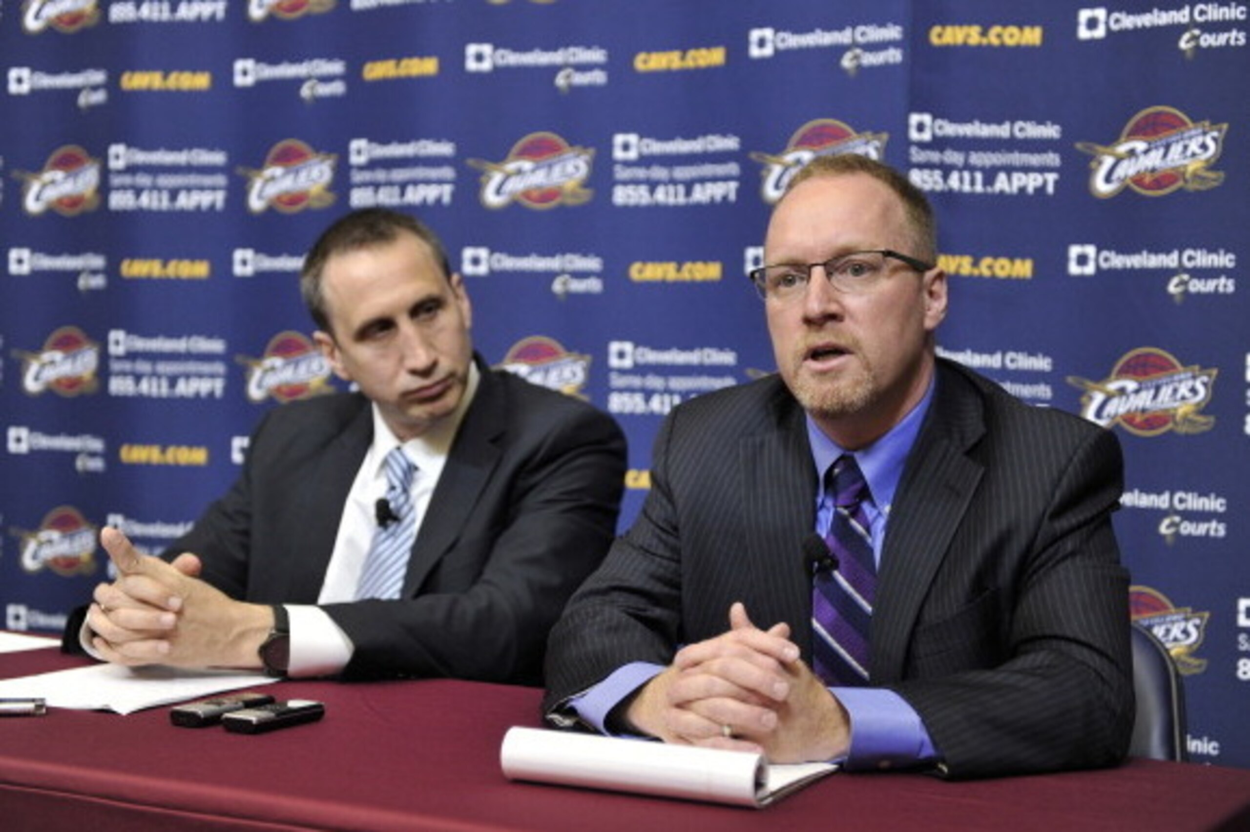 INDEPENDENCE, OH - JUNE 25:  David Blatt addresses the media as he is named Head Coach of the Cleveland Cavaliers alongside General Manager David Griffin at a press conference at The Cleveland Clinic Courts on June 25, 2014 in Independence, Ohio. NOTE TO 