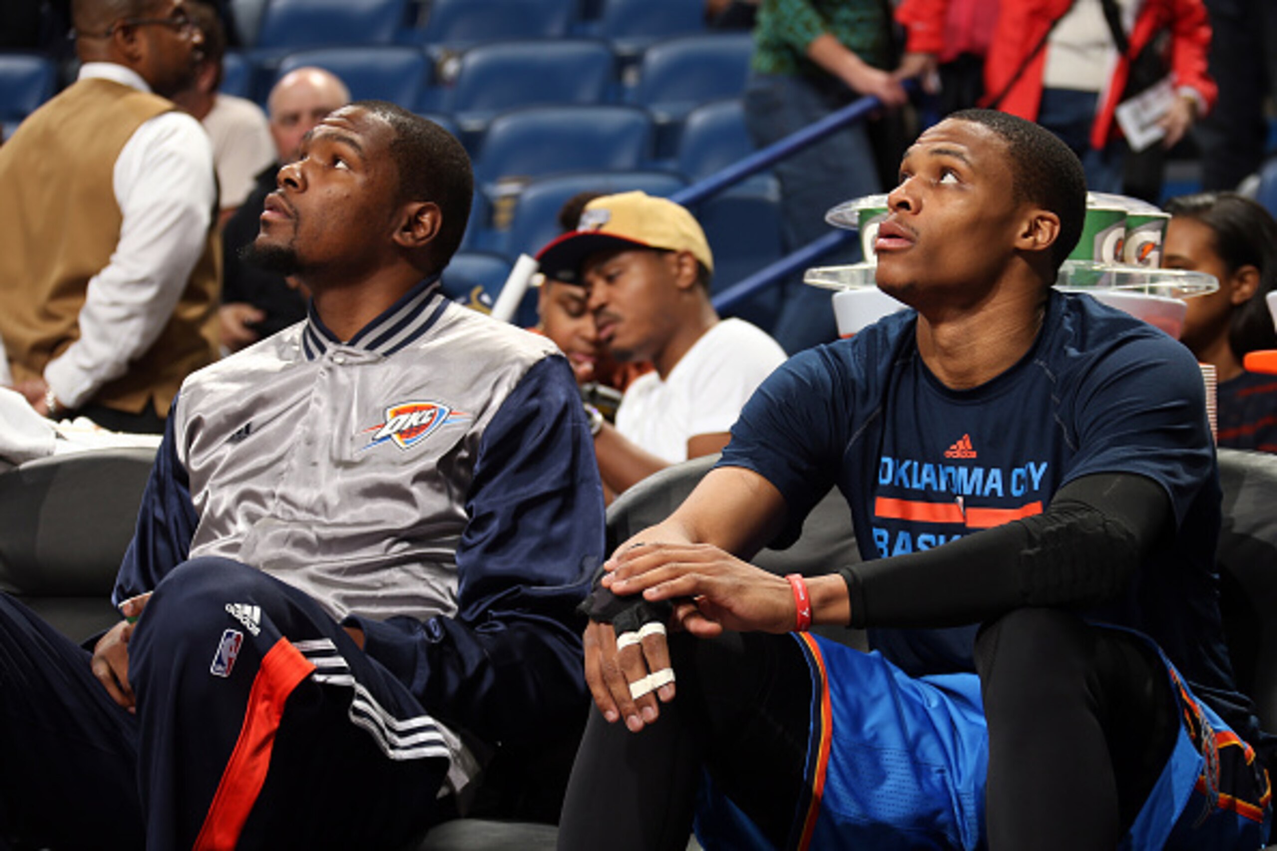 NEW ORLEANS, LA - DECEMBER 2:  Kevin Durant #35 and Russell Westbrook #0 of the Oklahoma City Thunder during the game against the New Orleans Pelicans on December 2, 2014 at the Smoothie King Center in New Orleans, Louisiana. NOTE TO USER: User expressly 