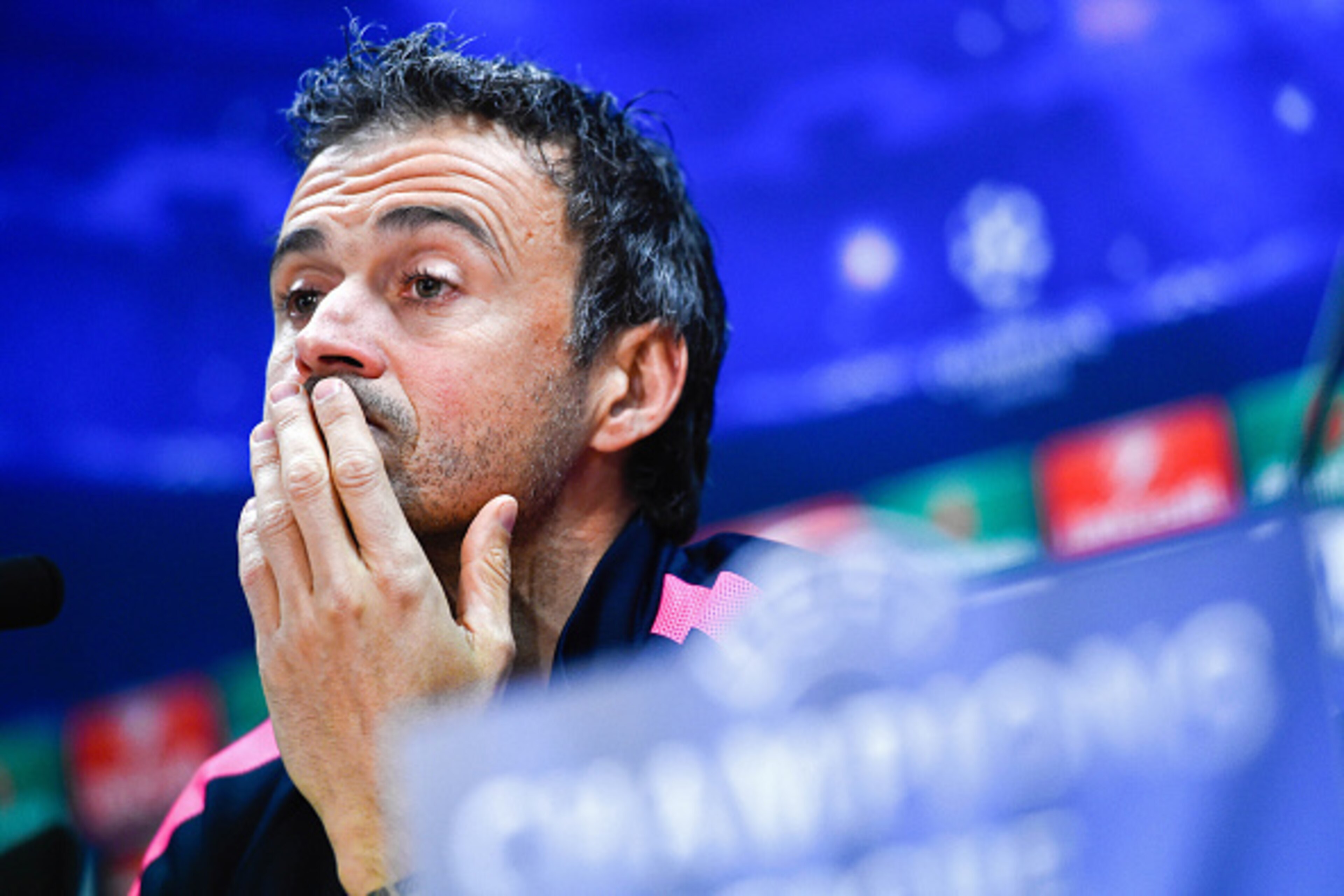 BARCELONA, SPAIN - DECEMBER 09:  Head coach Luis Enrique of FC Barcelona faces the media during a press conference ahead of their UEFA Champions League Group F match against Paris Saint-Germain FC at Ciutat Esportiva on December 9, 2014 in Barcelona, Spai