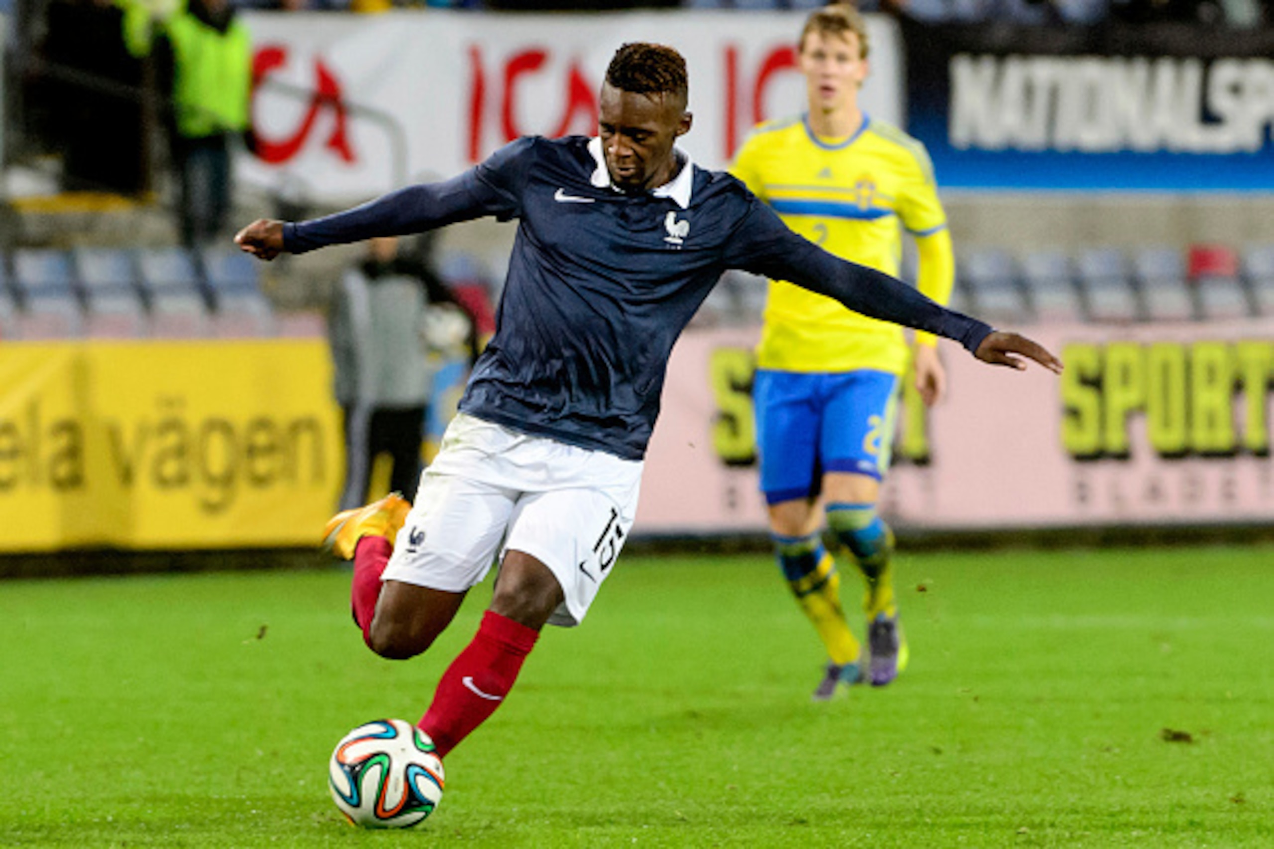 HALMSTAD,SWEDEN - OCTOBER 14:    Jean-Christophe Bahebeck of France in action during the UEFA Under-21 Championship qualifying match between Sweden and France in Orjans Vall Stadium on October 14, 2014 in Halmstad, Sweden.  (Photo by Ludvig Thunman/EuroFo