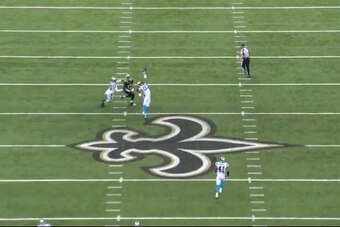 Bene Benwikere intercepts Brees' poorly-thrown pass.